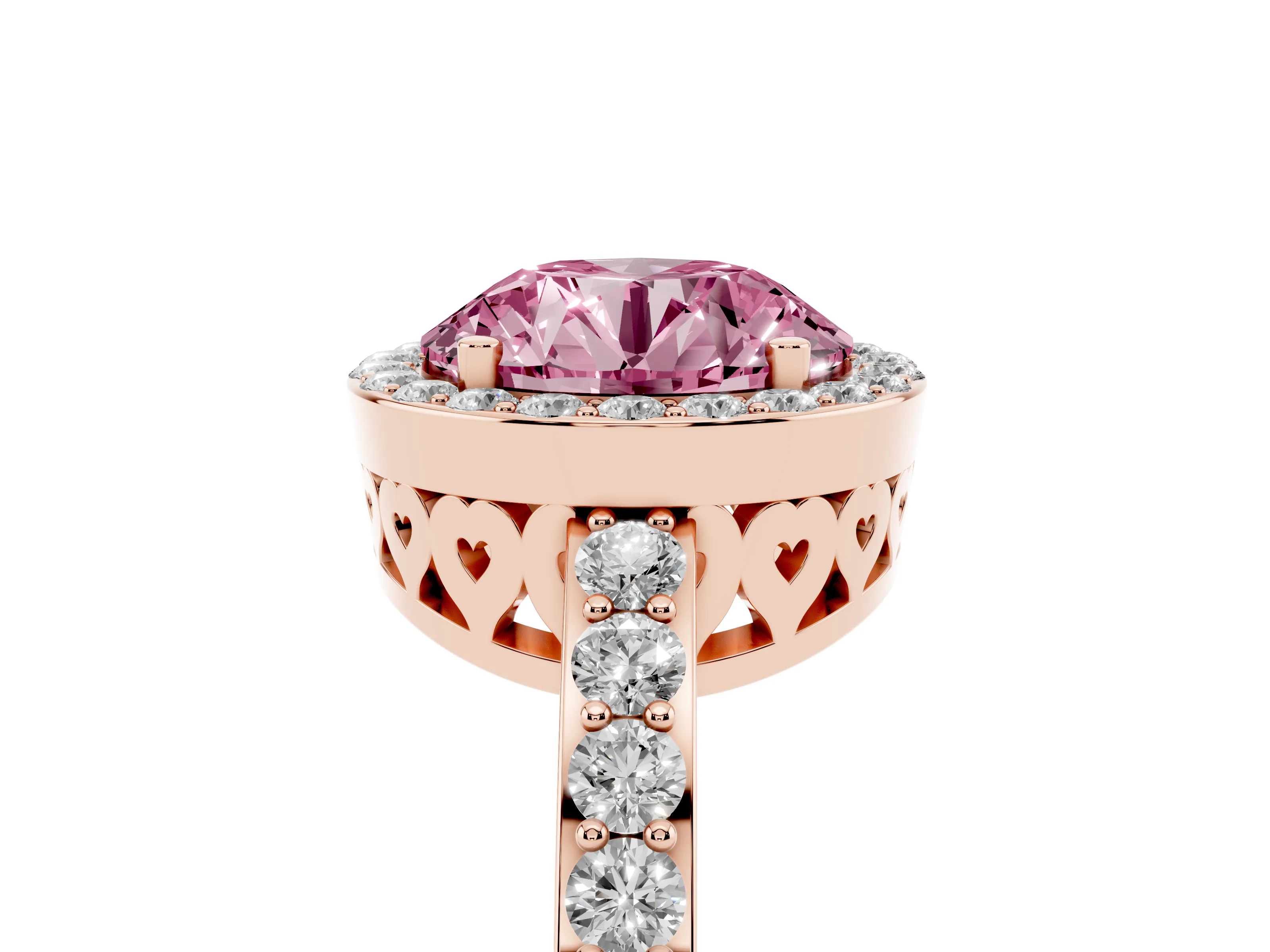 Fancy Pink Round Cut Diamond Halo Ring Set in Rose gold with Pavé-Setting Band and Open Prong Center