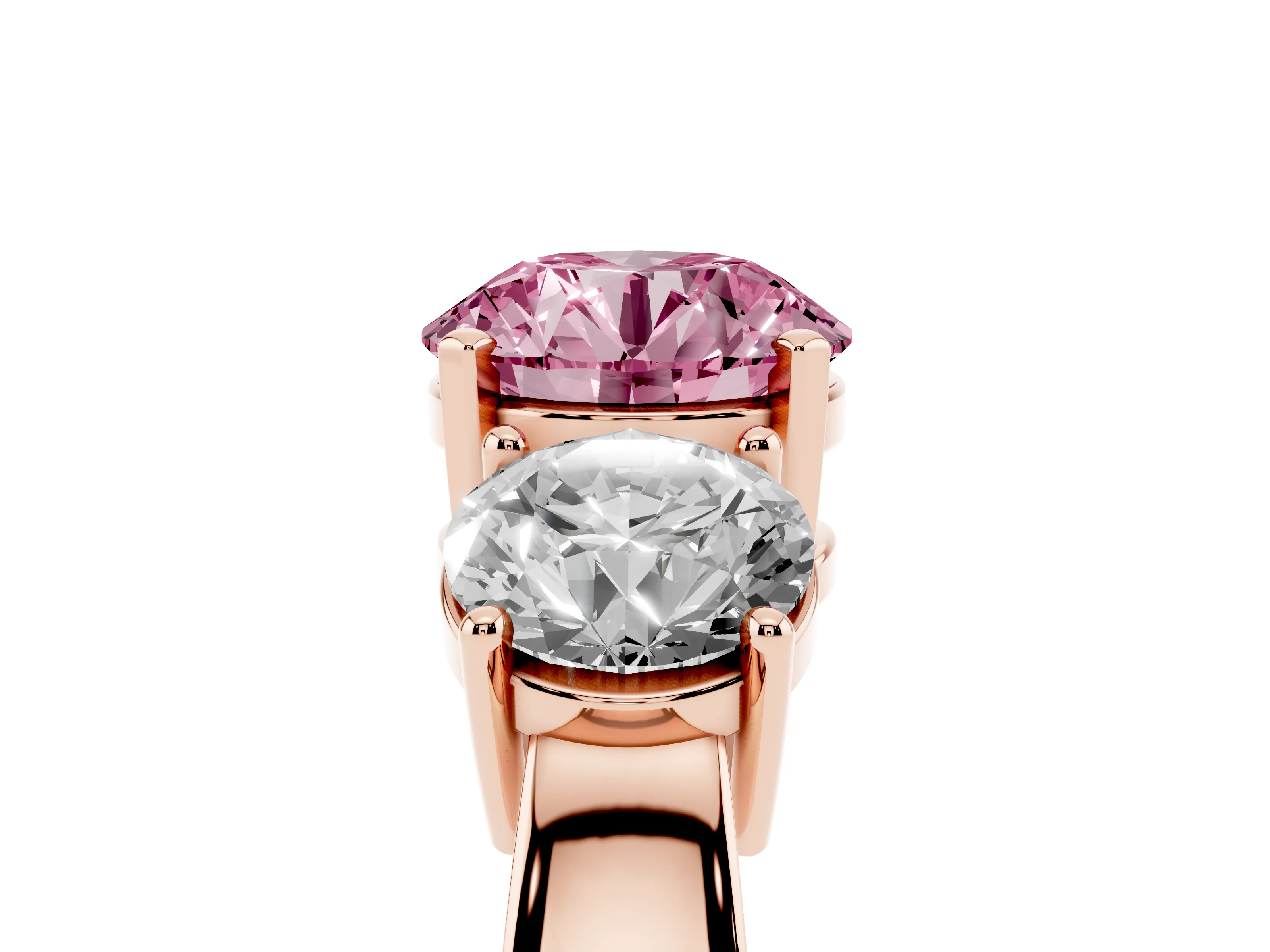 Fancy Pink Round Cut Diamond Three-Stone Ring Set in Rose gold with Round Side Stones and Classic Band