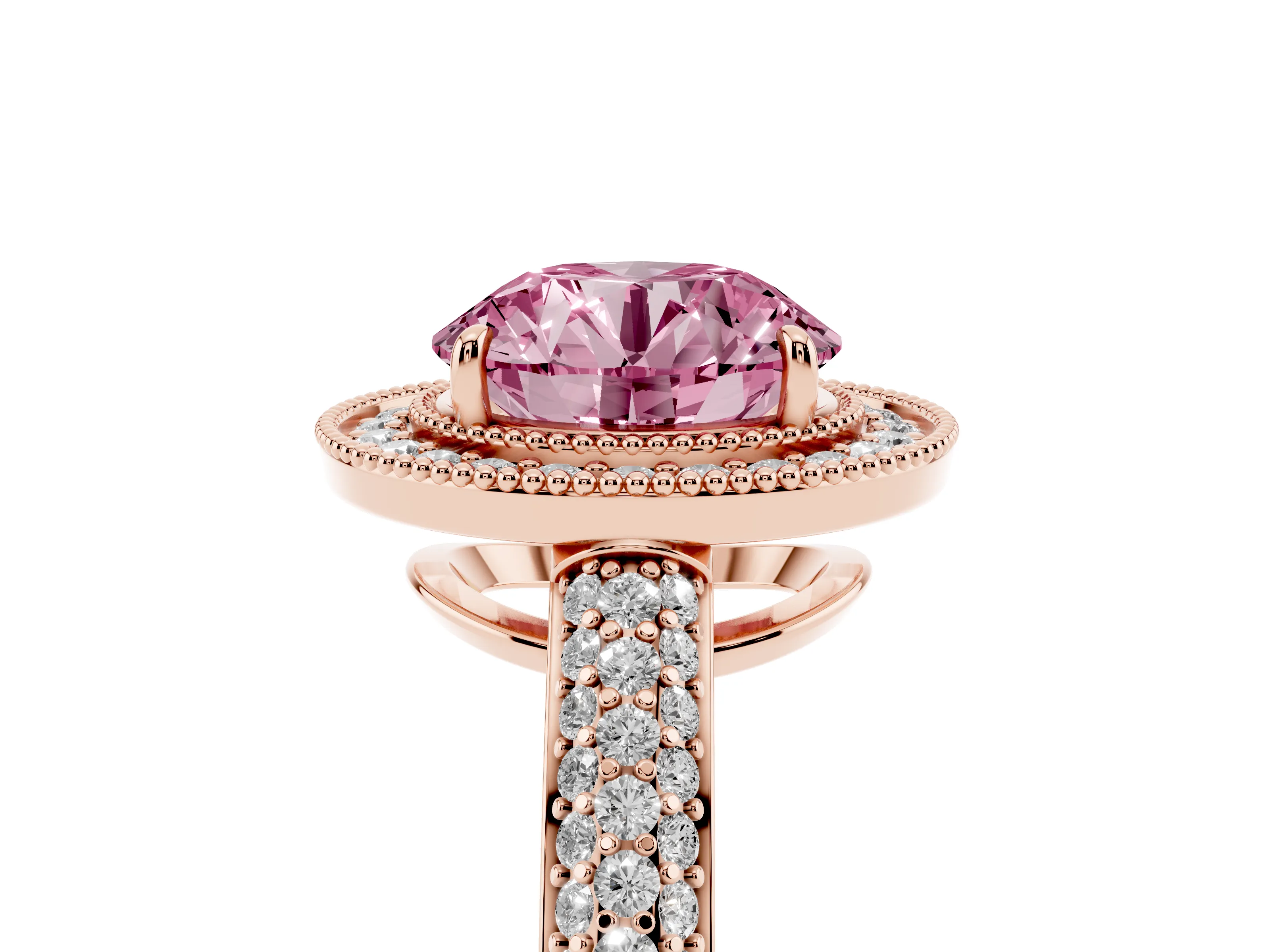 Fancy Pink Round Cut Diamond Halo Pavé Band Set in Rose gold with Prong Setting