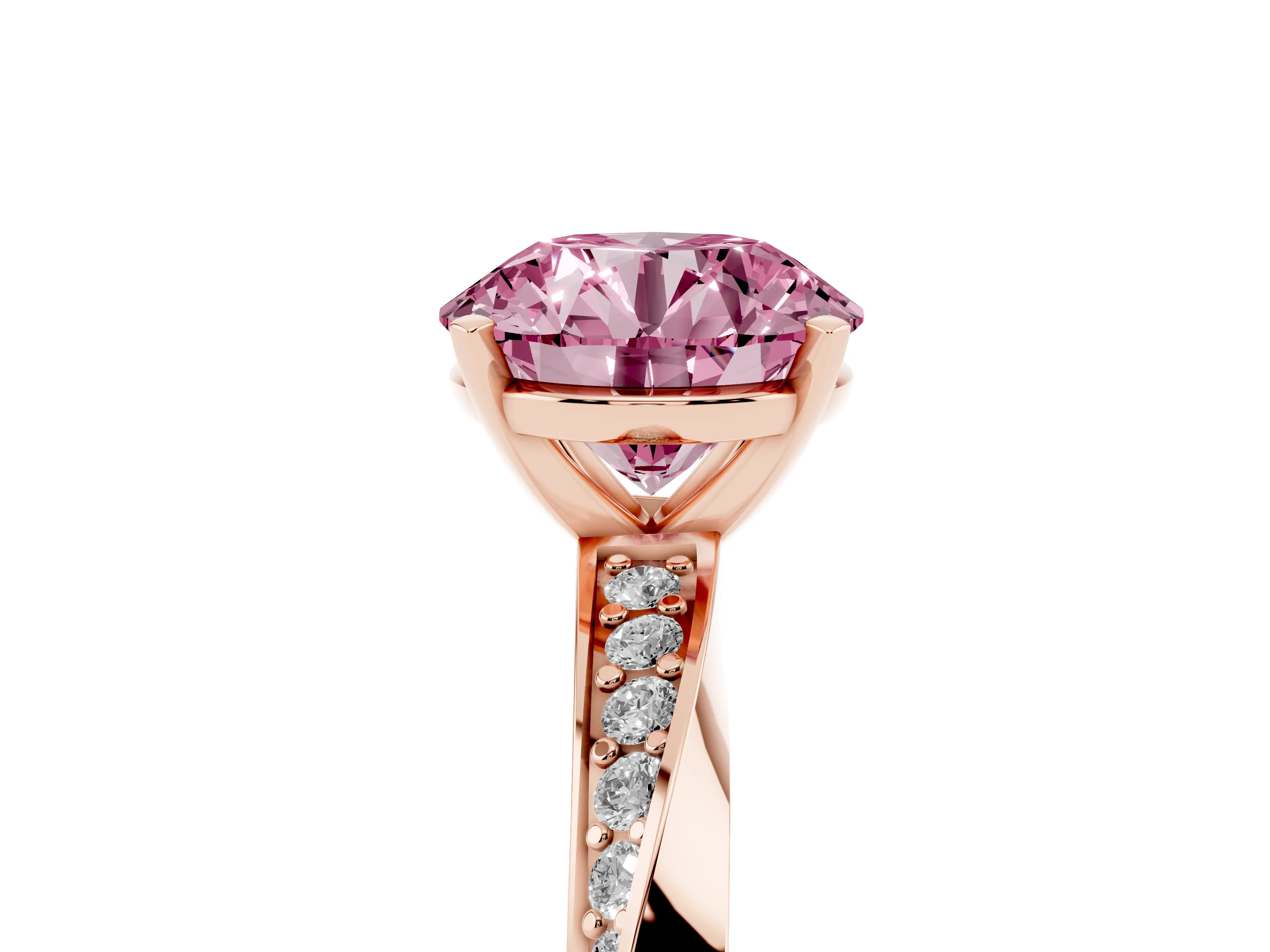 Fancy Pink Round Cut Diamond Engagement Ring Set in Rose gold with Side Stone Accents and Prong Setting