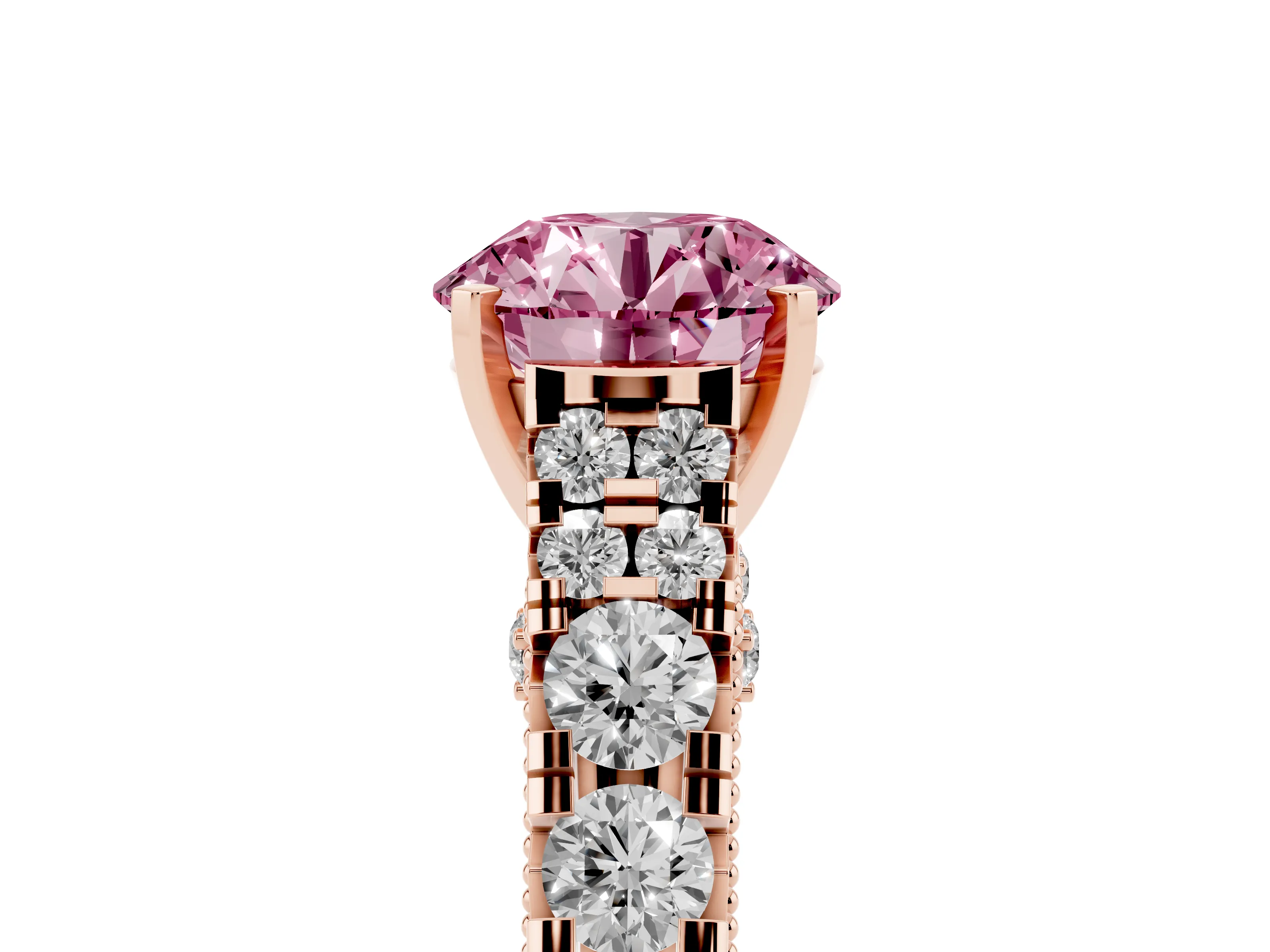 Fancy Pink Round Cut Diamond Classic Solitaire Ring Set in Rose gold with Pavé Band and Prong Setting