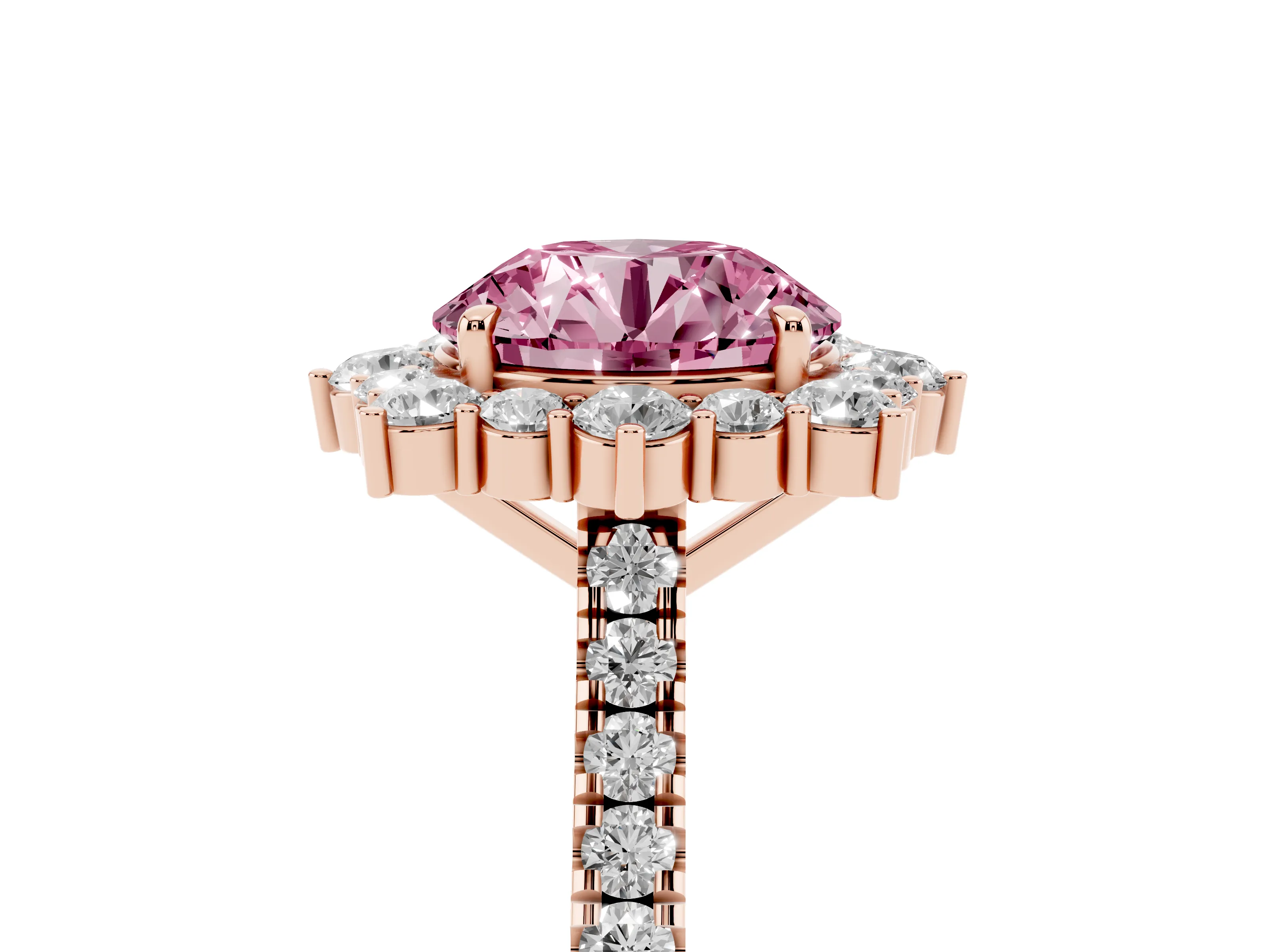 Fancy Pink Round Cut Diamond Halo Ring Set in Rose gold with Pavé Band and Prong Setting