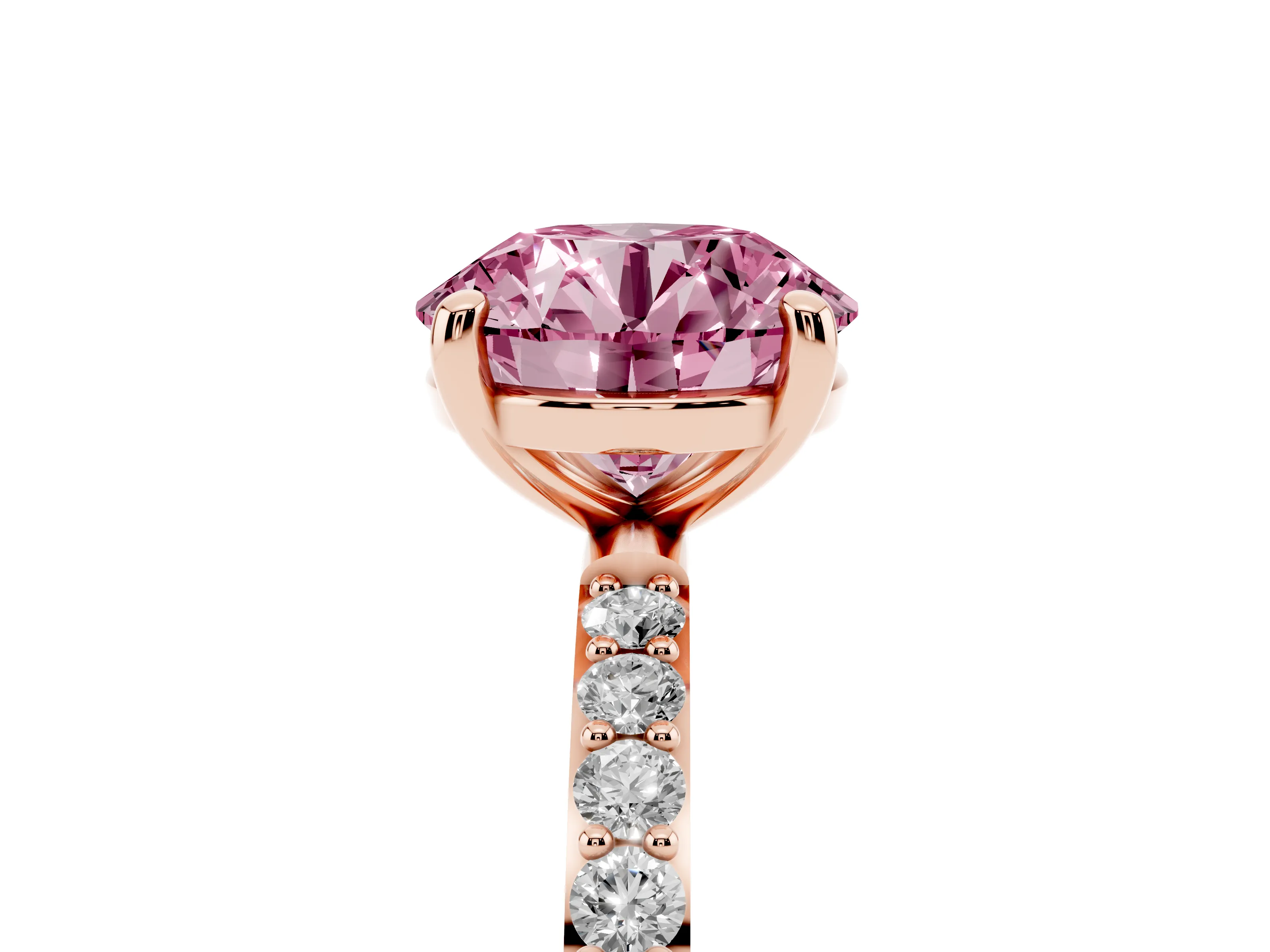Fancy Pink Round Cut Diamond Solitaire Ring Set in Rose gold with Round Pavé Band and Prong Setting