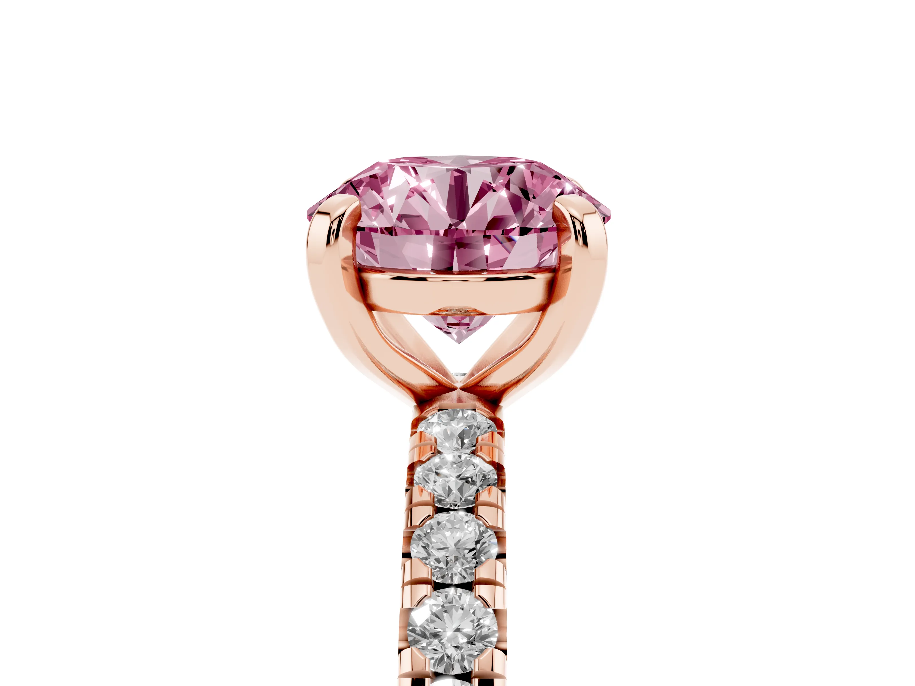 Fancy Pink Round Cut Diamond Pavé Solitaire Ring Set in Rose gold with Round Band and Prong Setting
