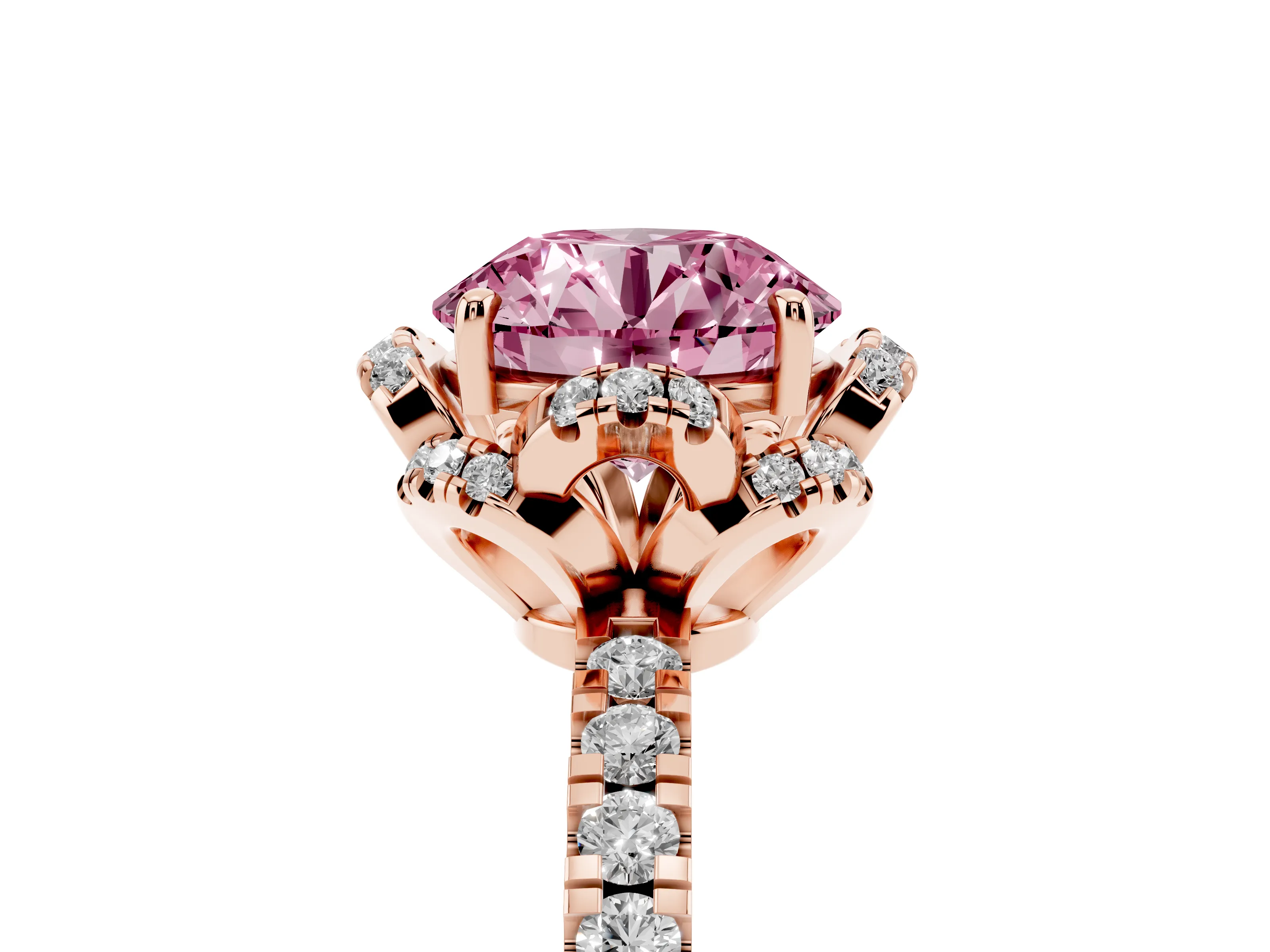 Fancy Pink Round Cut Diamond Halo Pavé Band Ring Set in Rose gold with Prong-Held Center