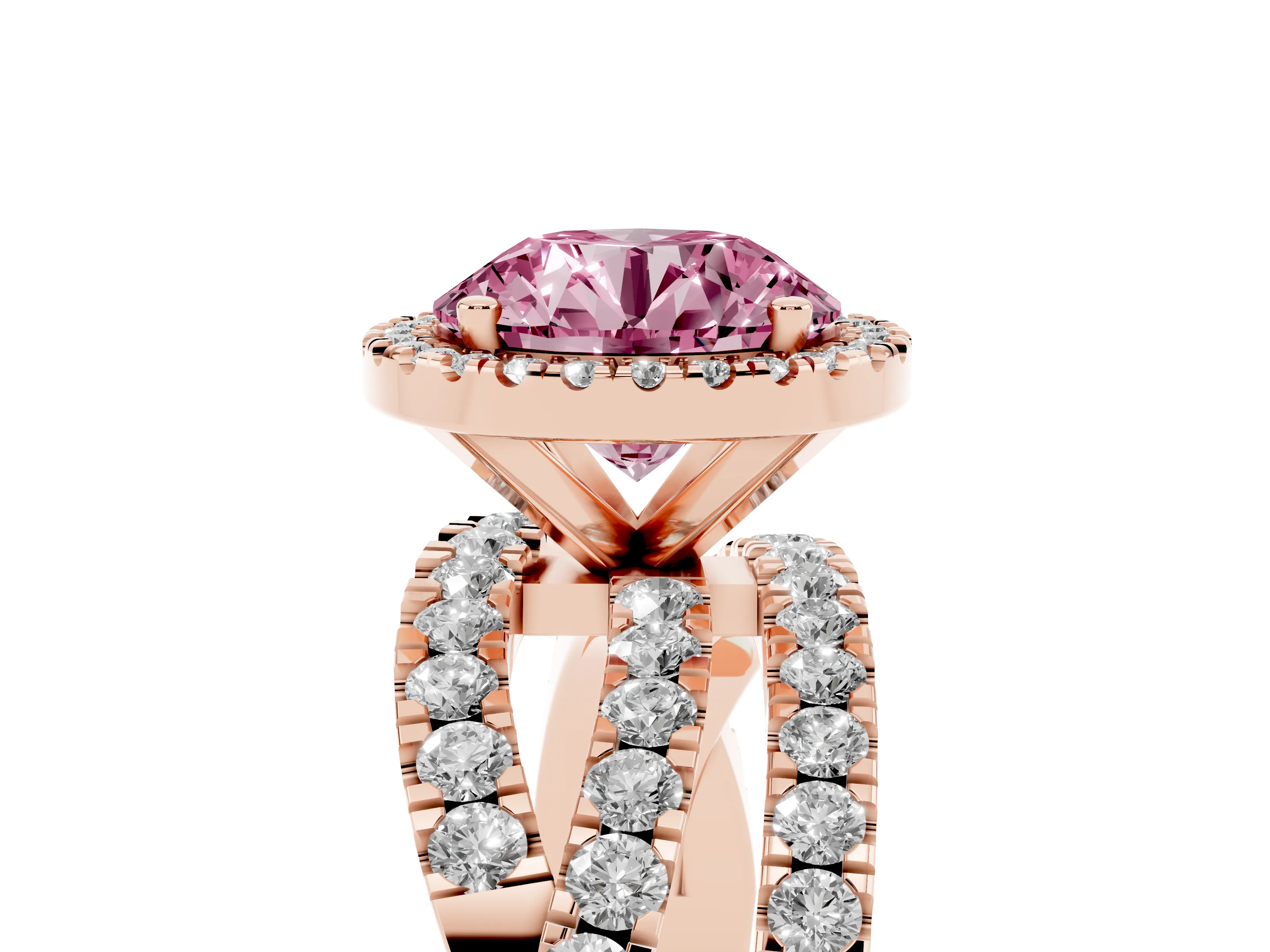 Fancy Pink Round Cut Diamond Halo Ring Set in Rose gold with Round Crossover Split Shank and Prong Setting
