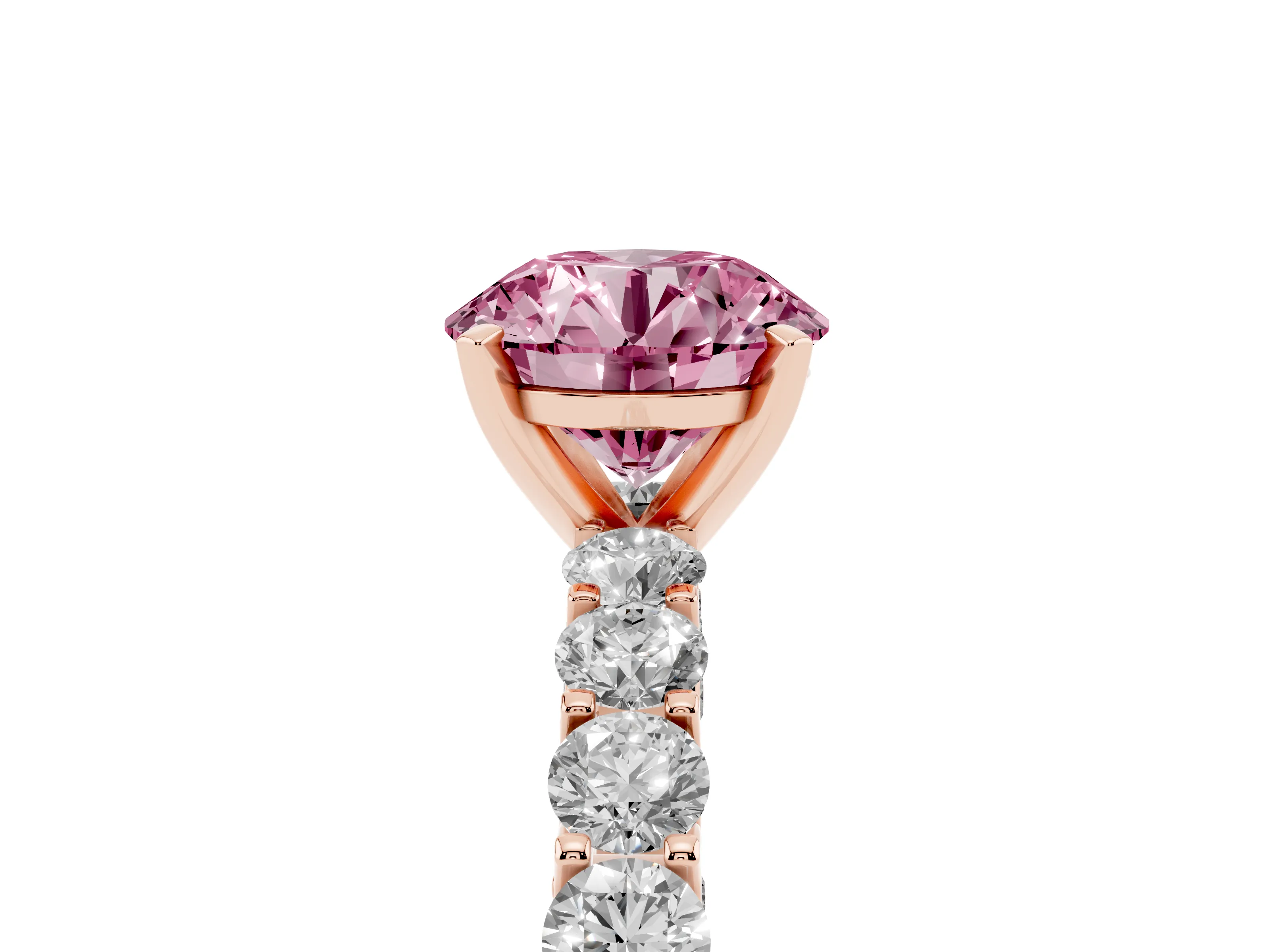 Fancy Pink Round Cut Diamond Solitaire Ring Set in Rose gold with Shared Prong Pavé Band