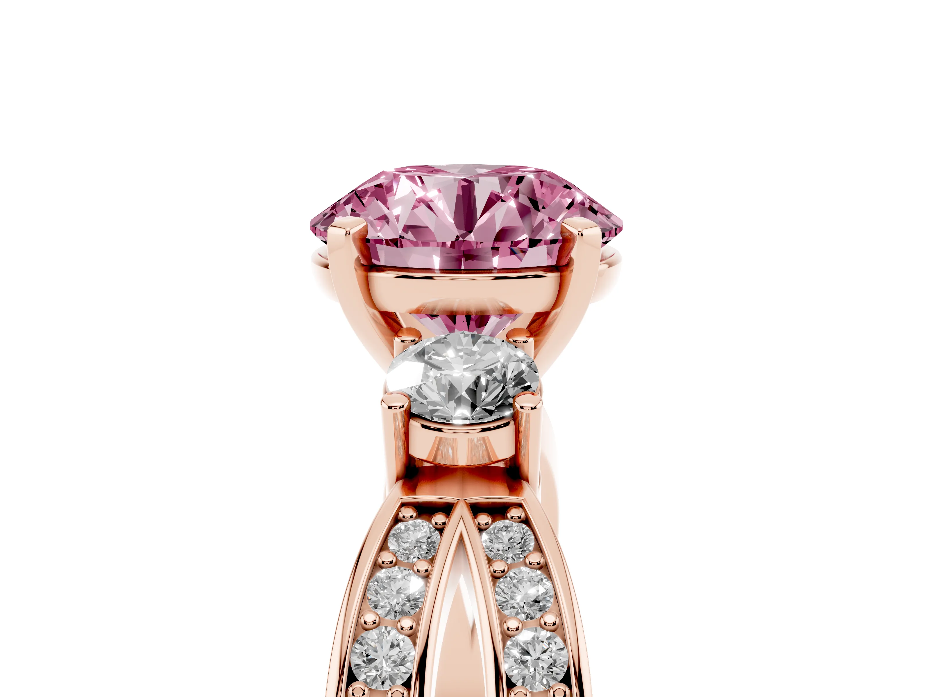Fancy Pink Three-Stone Round Cut Diamond Twist Band Ring Set in Rose gold with Pavé Accents and Prong Setting