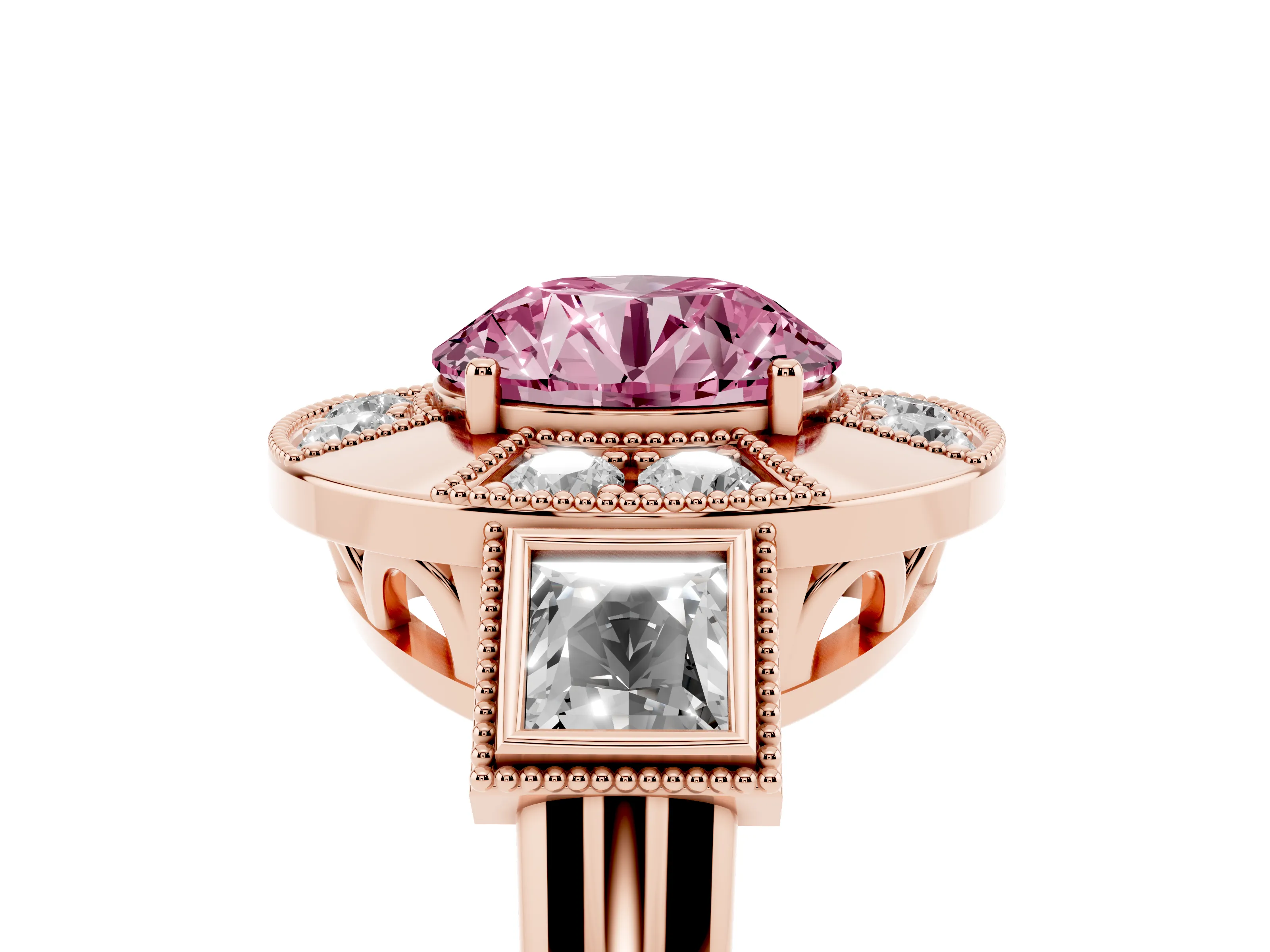 Fancy Pink Round Cut Diamond Milgrain Halo Ring Set in Rose gold with Split Shank