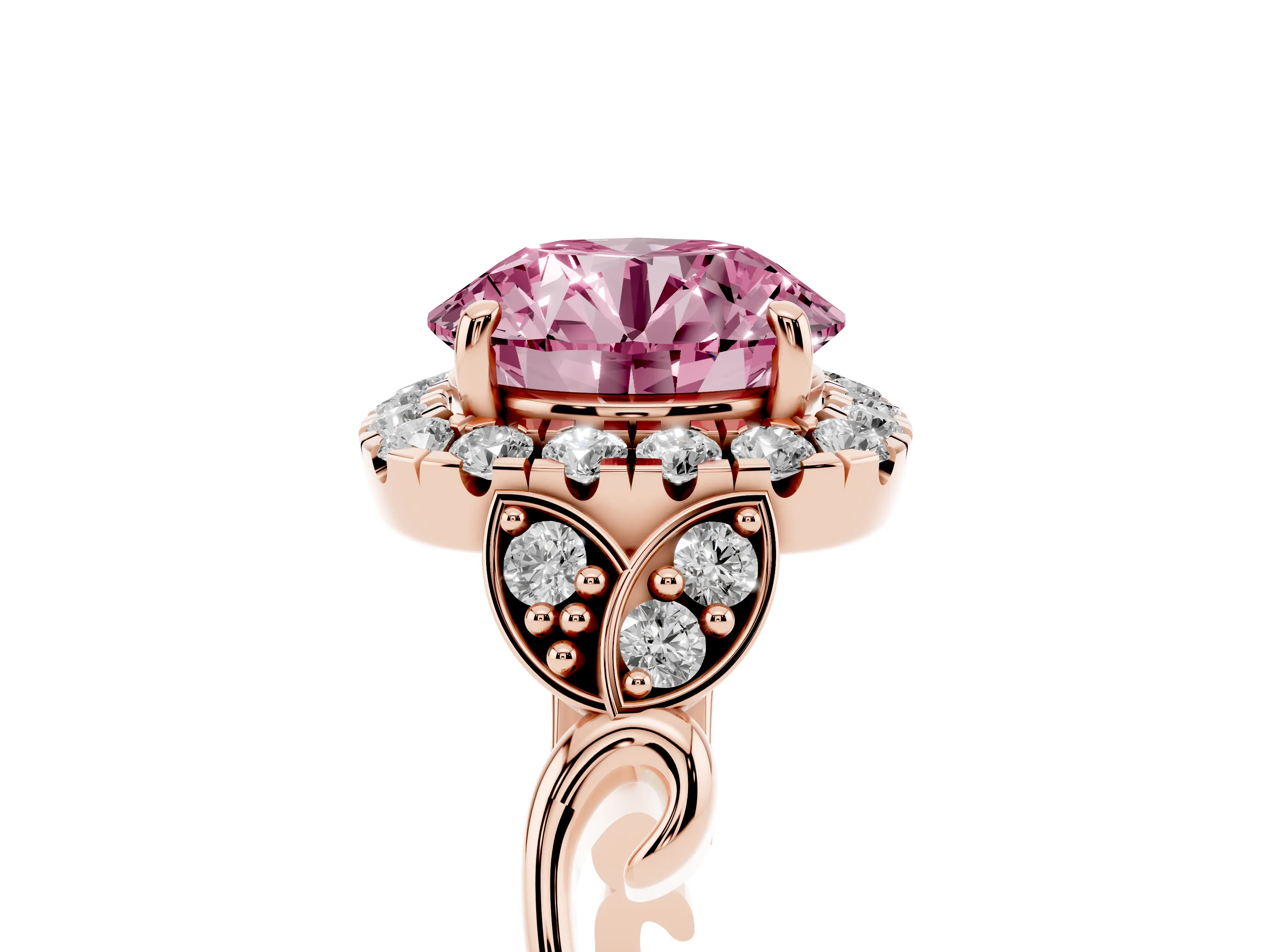 Fancy Pink Round Cut Diamond Halo Engagement Ring Set in Rose gold with Vintage-Inspired Band and Prong Setting