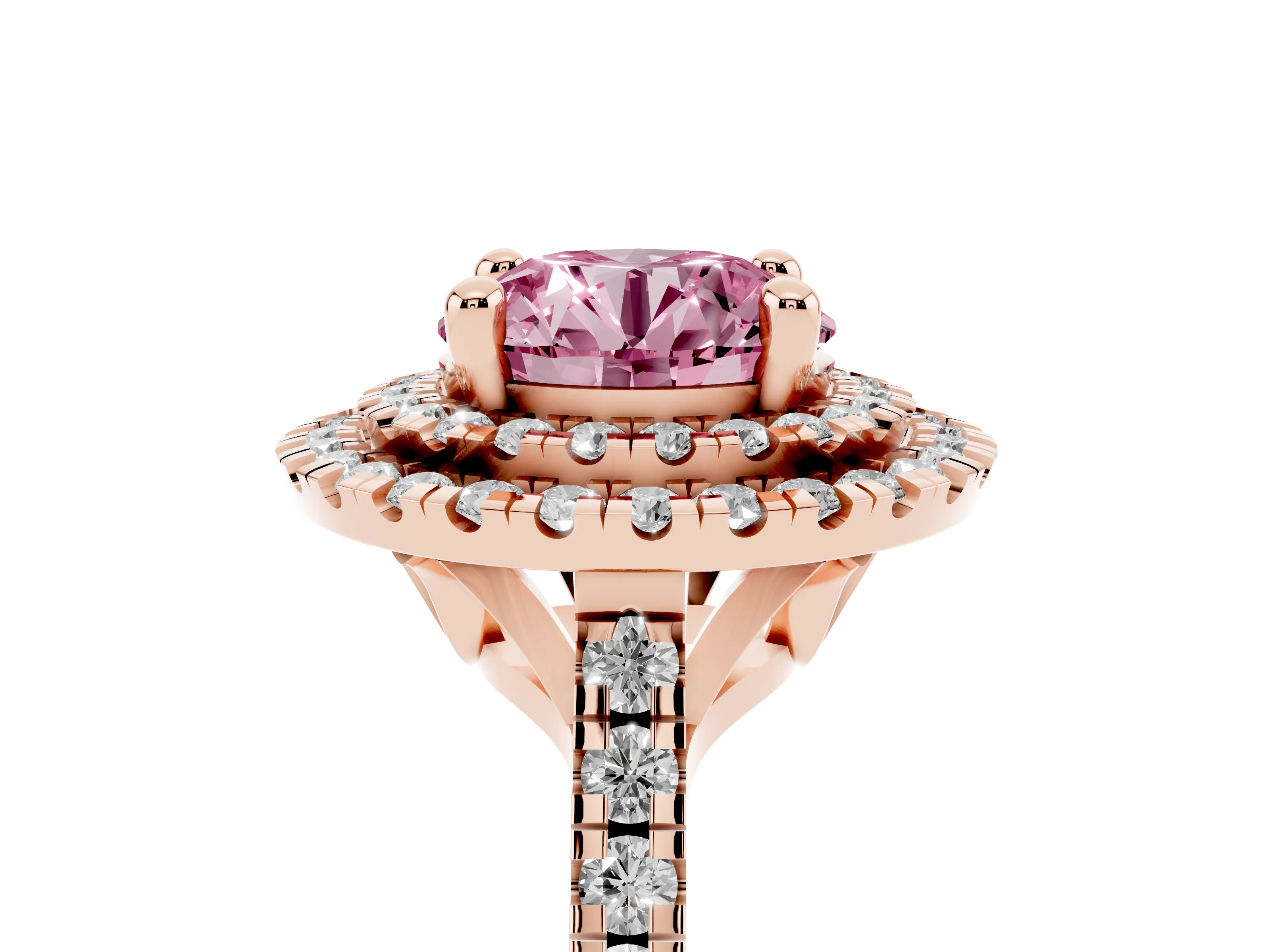 Fancy Pink Round Cut Diamond Double Halo Statement Ring Set in Rose gold with Pavé Band