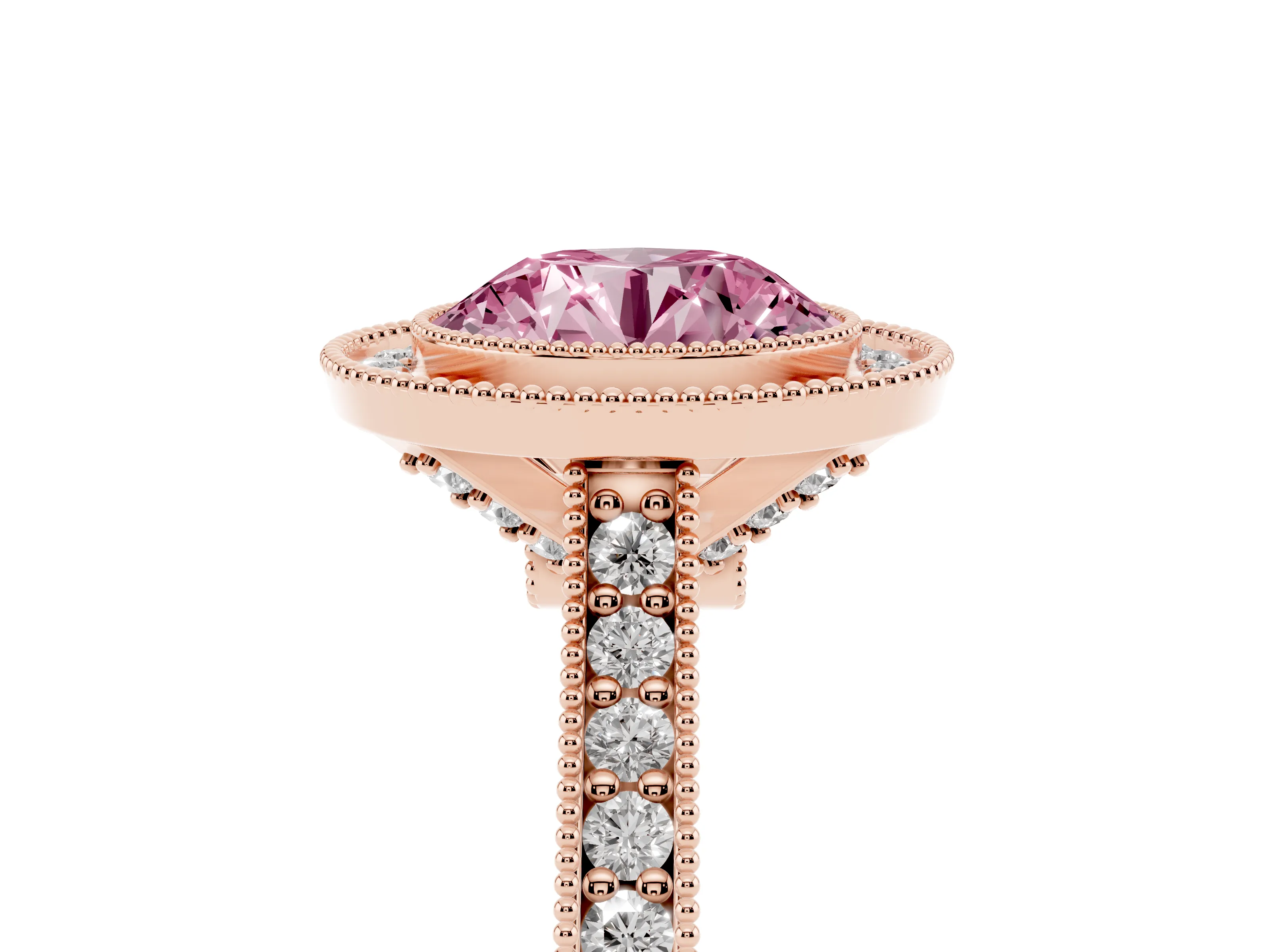 Fancy Pink Round Cut Diamond Halo Milgrain Pavé Band Ring Set in Rose gold with Prong Setting