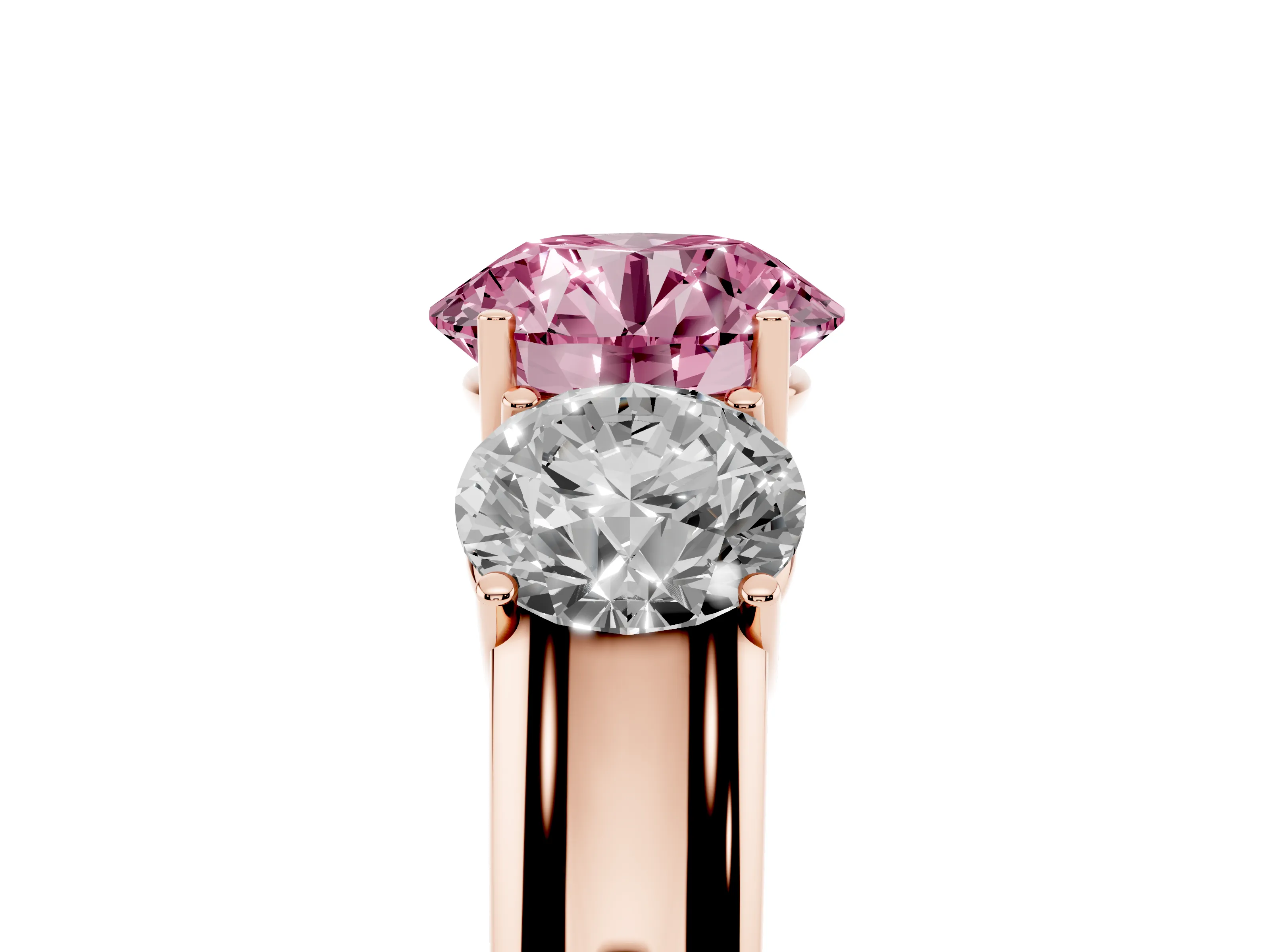 Fancy Pink Three-Stone Round Cut Diamond Ring Set in Rose gold with Matching Prong Settings and Plain Band