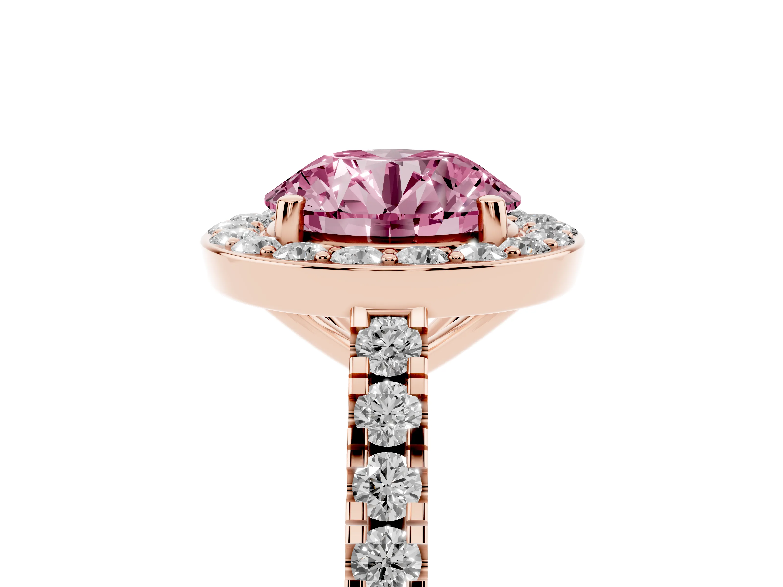 Fancy Pink Round Cut Diamond Halo Ring Set in Rose gold with Round Pavé Split Shank and Prong Setting