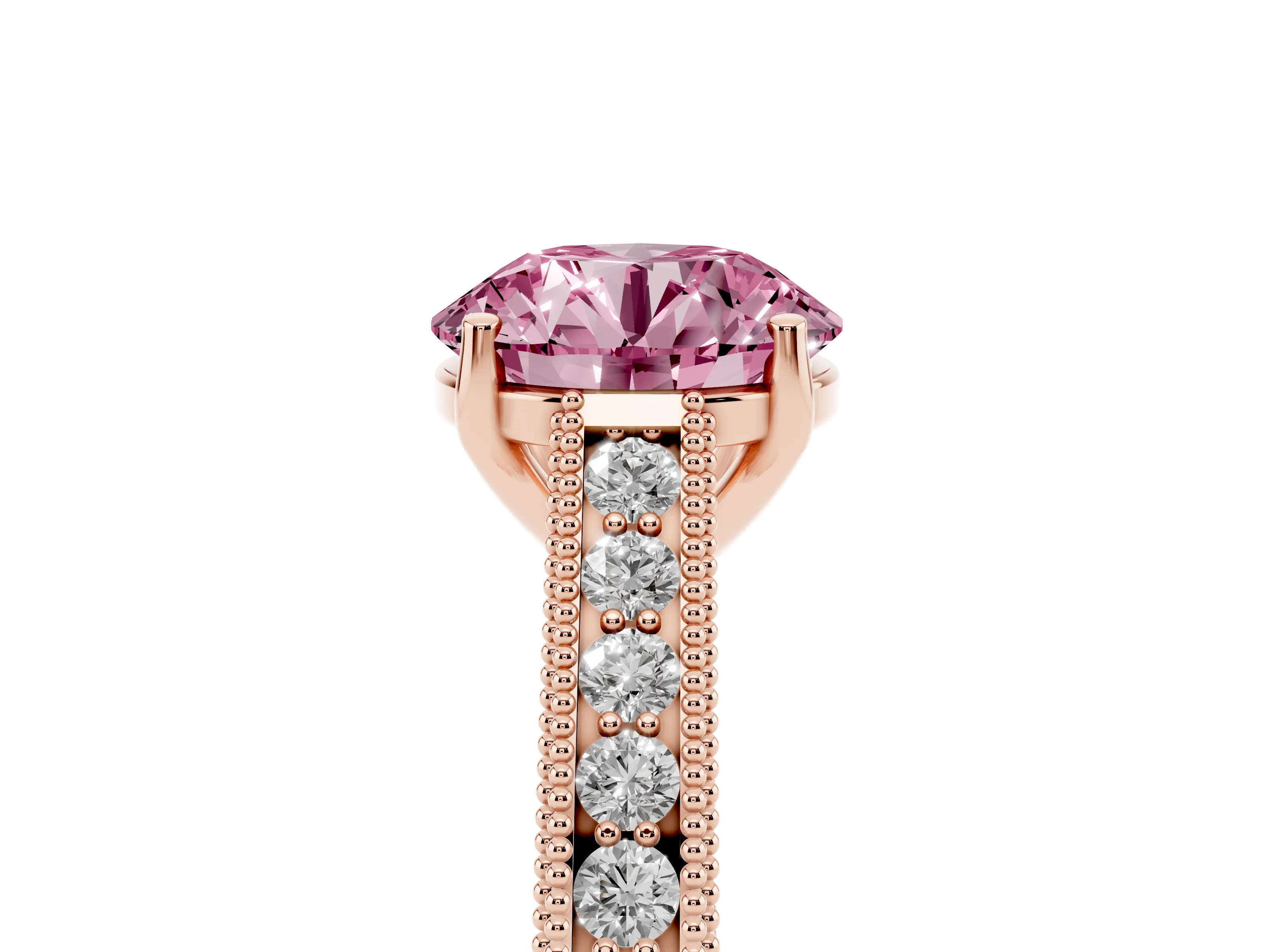 Fancy Pink Round Cut Diamond Milgrain Pavé Band Solitaire Ring Set in Rose gold with Prong Setting