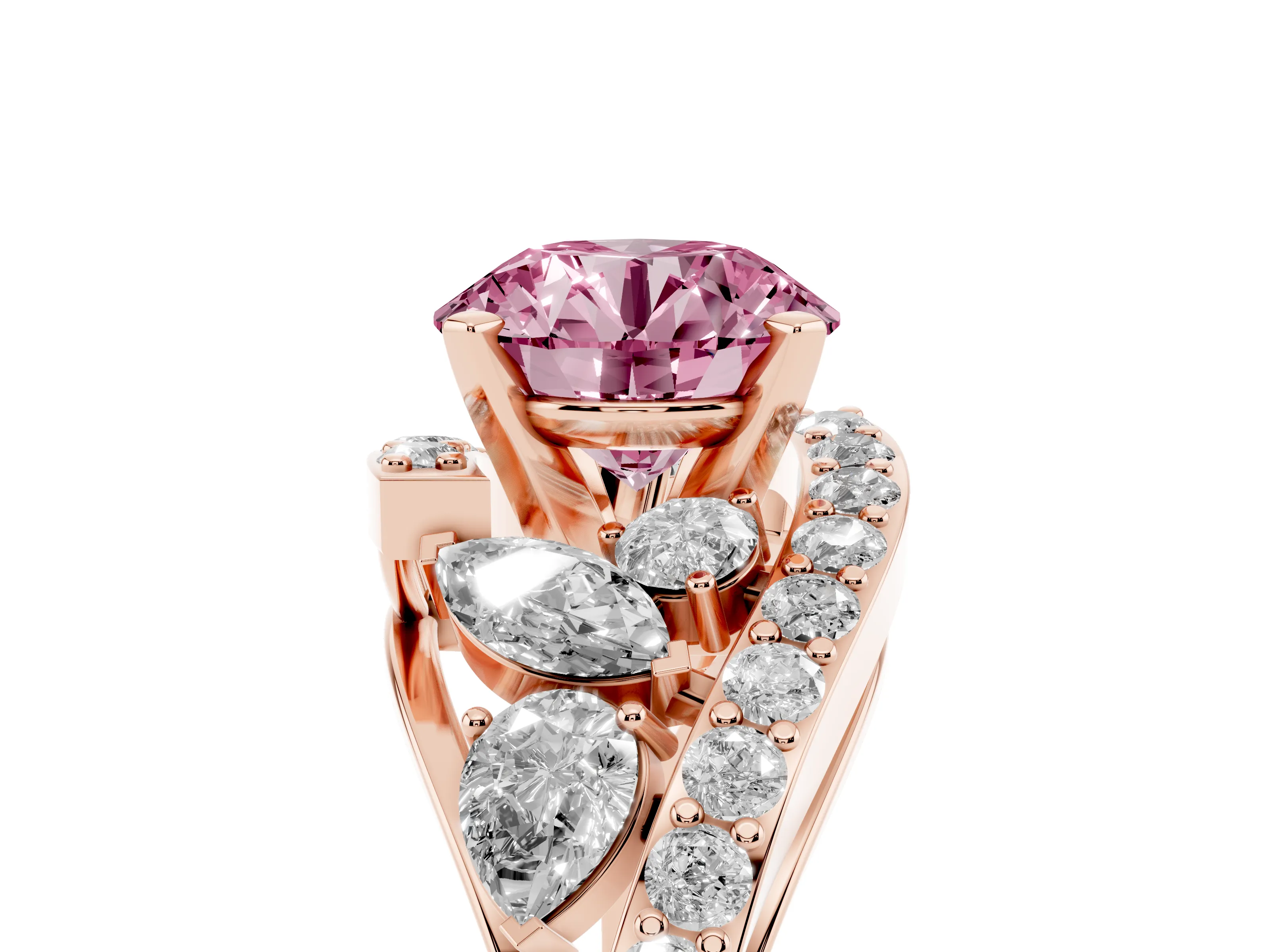 Fancy Pink Round Cut Diamond Halo Ring Set in Rose gold with Marquise and Pavé Band in Prong Setting