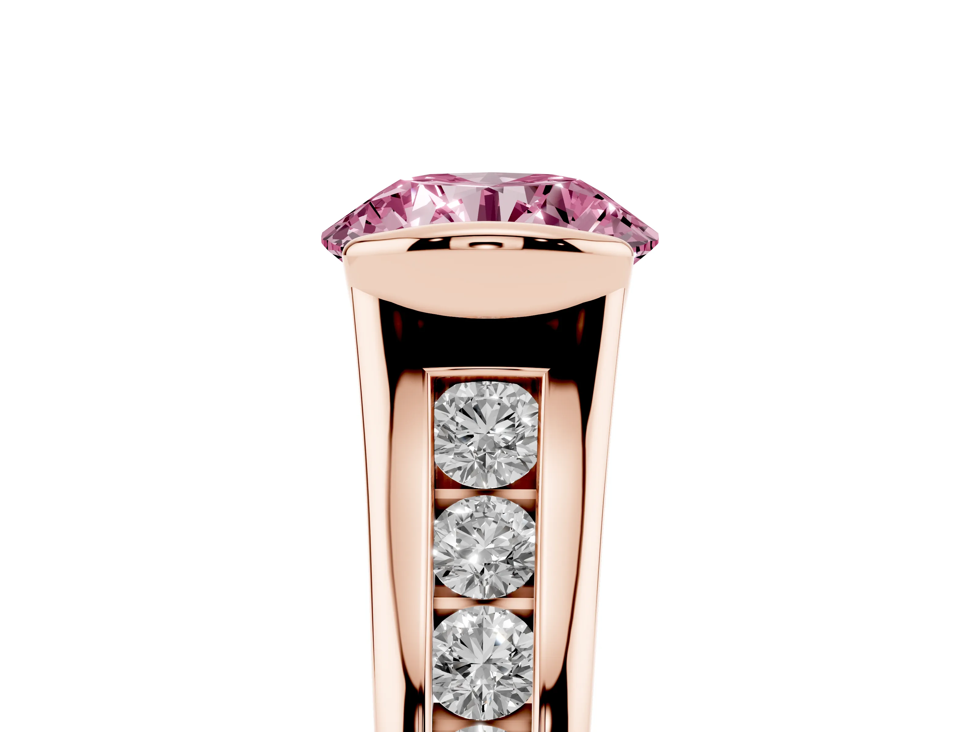Fancy Pink Round Cut Diamond Bezel-Set Solitaire Ring Set in Rose gold with Channel-Set Band