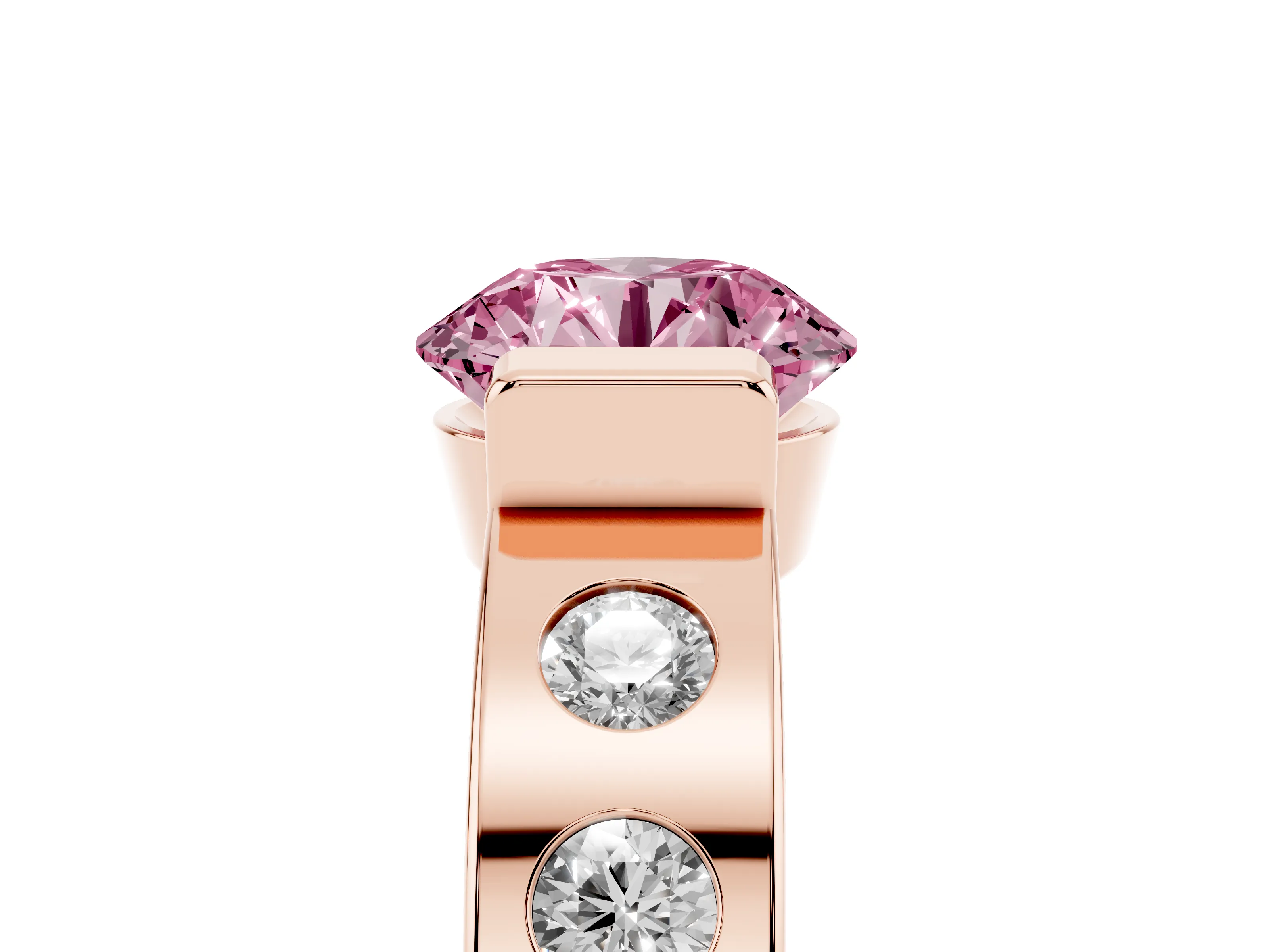 Fancy Pink Round Cut Diamond Channel-Set Band Ring Set in Rose gold with Bezel Prong Setting