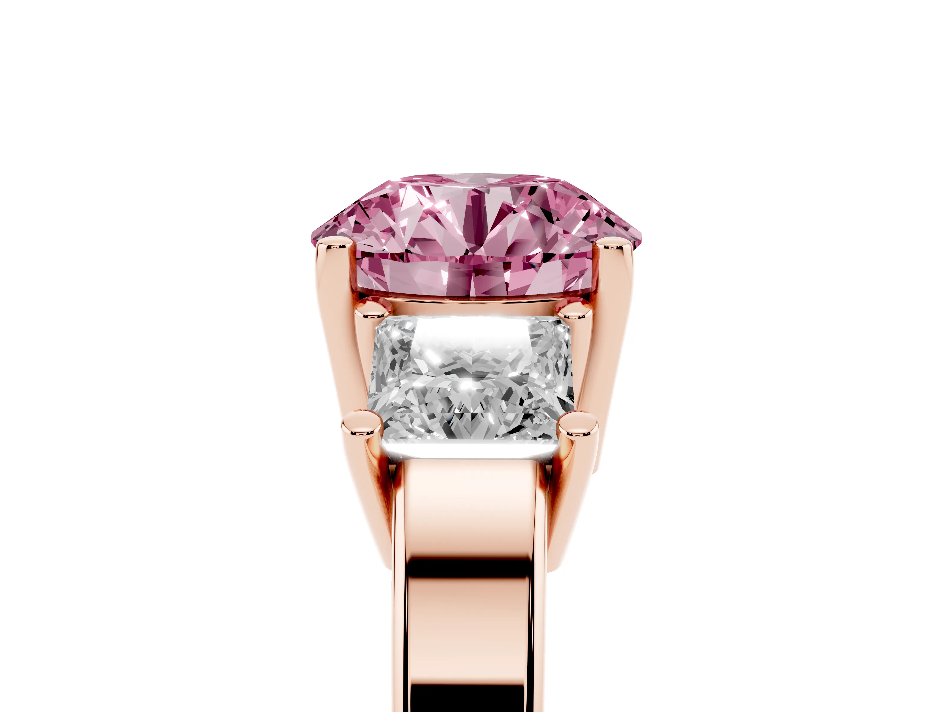Fancy Pink Three-Stone Round Cut Diamond Solitaire Ring Set in Rose gold with Prong Setting