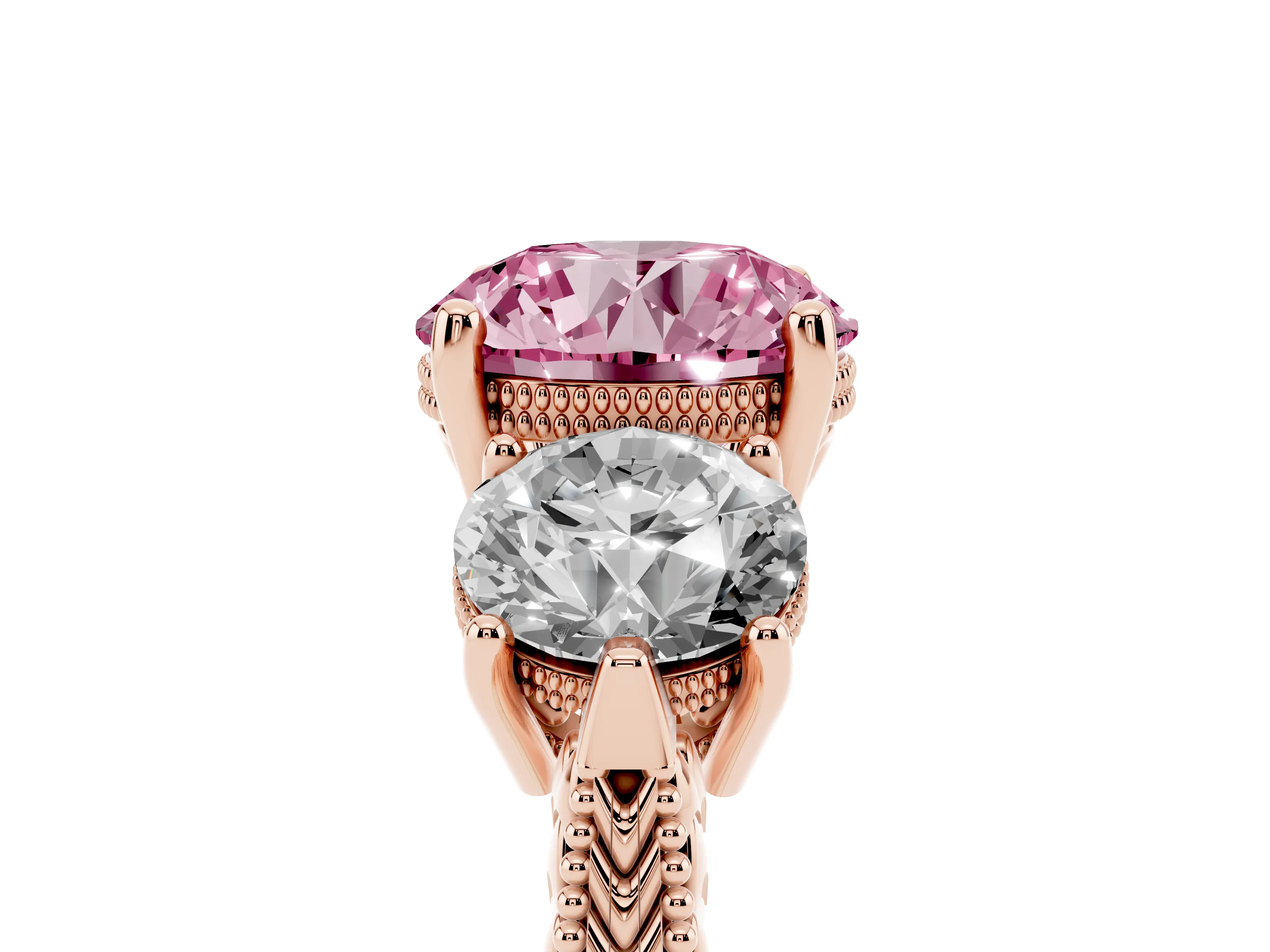 Fancy Pink Round Cut Diamond Three-Stone Ring Set in Rose gold with Milgrain Band