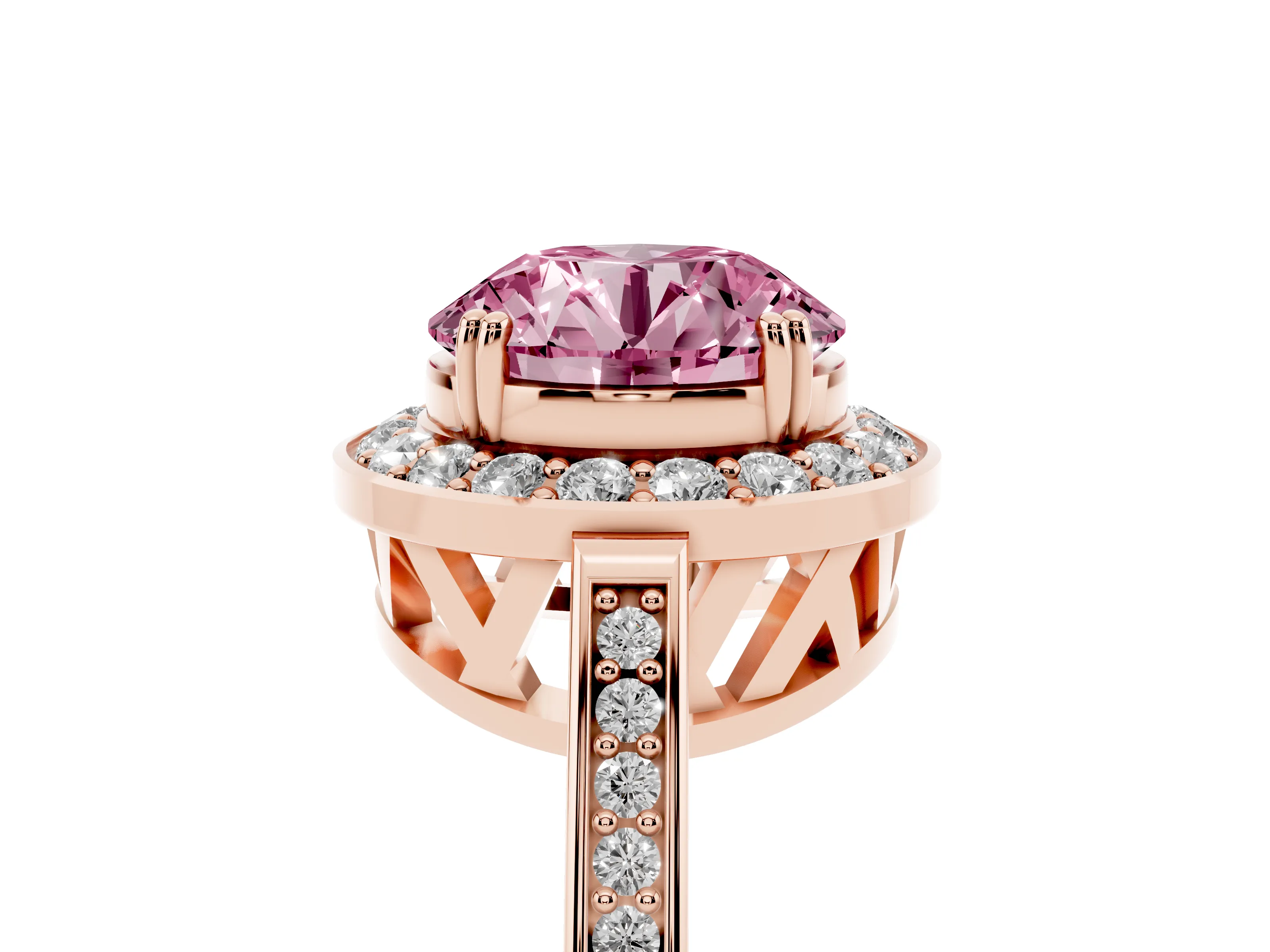 Fancy Pink Round Cut Diamond Halo Ring Set in Rose gold with Accent-Lined Split Shank and Prong Setting