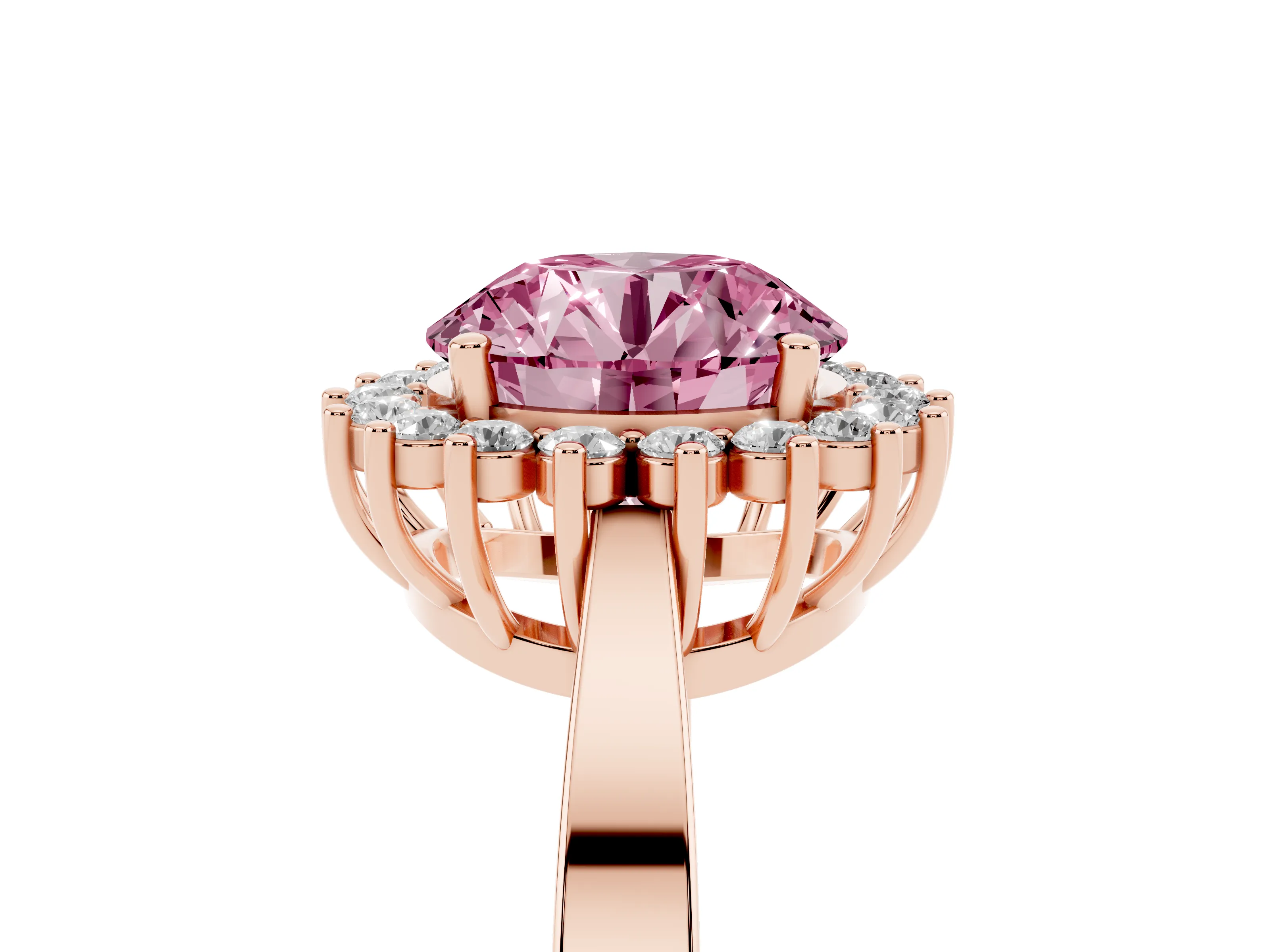 Fancy Pink Round Cut Diamond Halo Ring Set in Rose gold with Round Halo and Smooth Solitaire Band