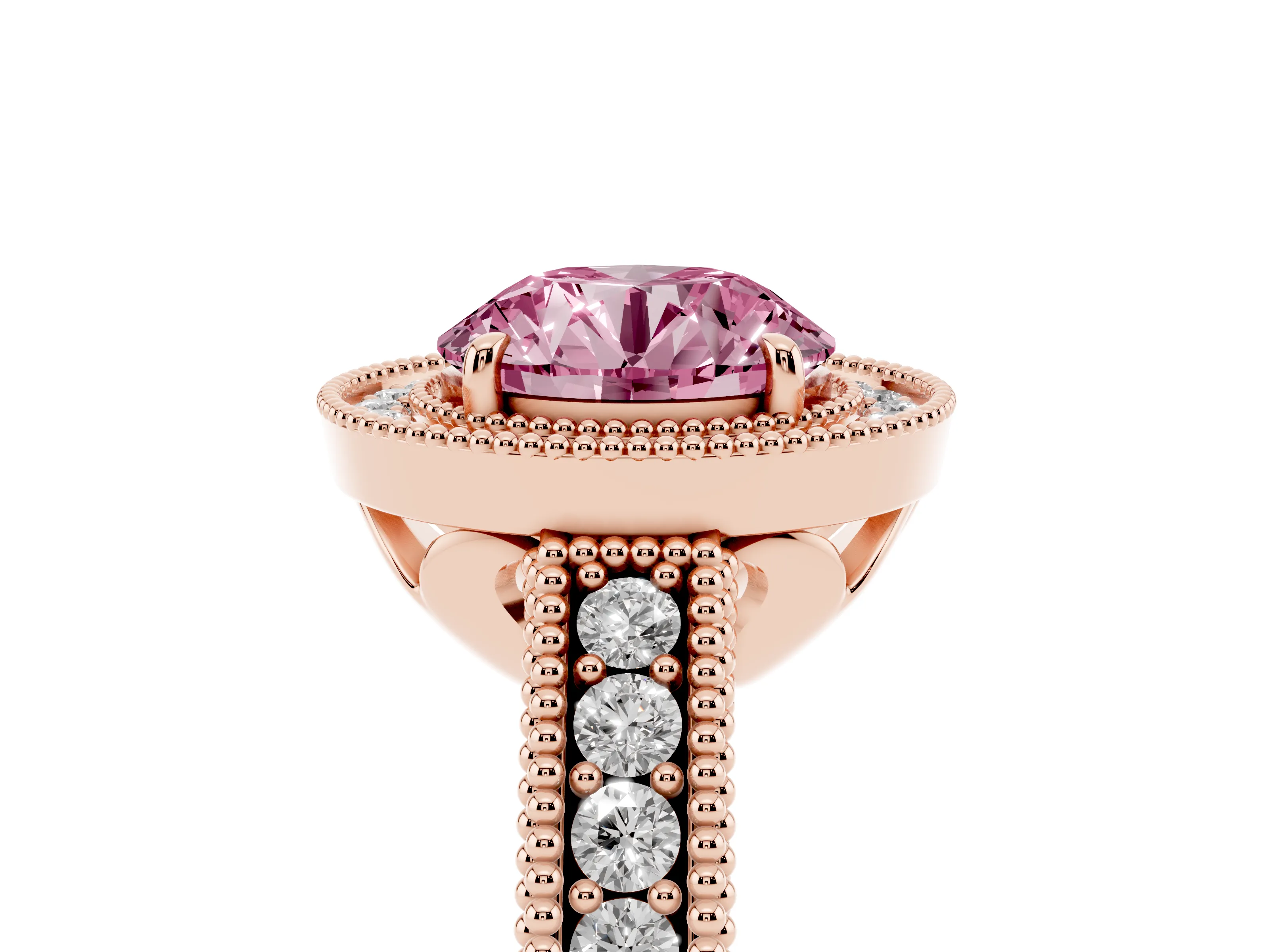 Fancy Pink Round Cut Diamond Halo Ring Set in Rose gold with Round Accent Halo, Pavé Band and Prong Setting