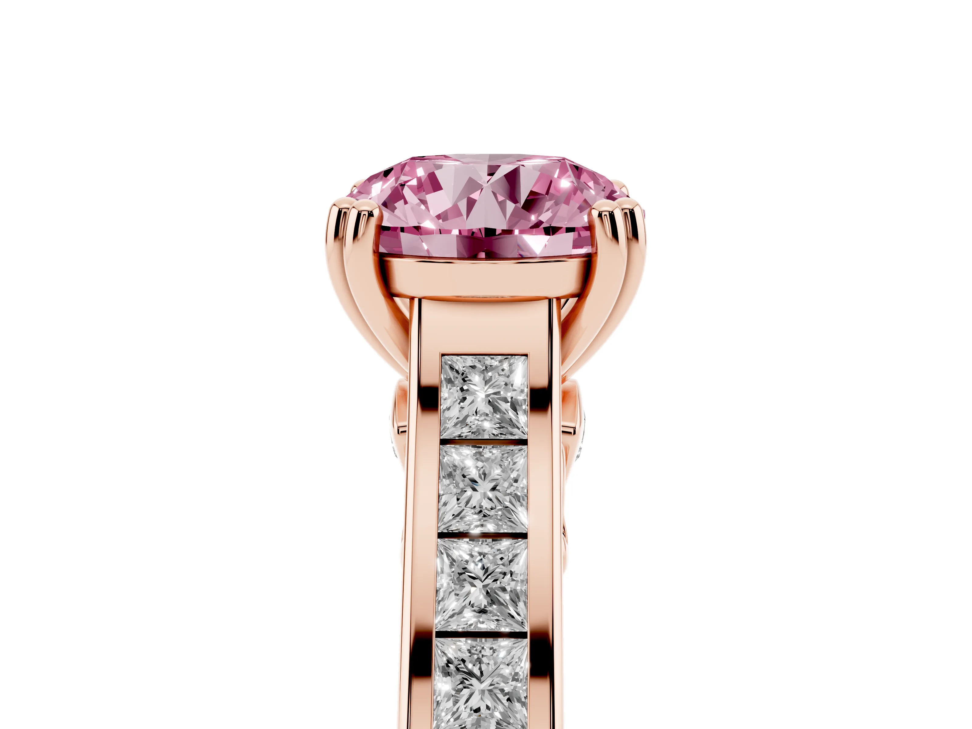 Fancy Pink Round Cut Diamond Channel Set Solitaire Engagement Ring Set in Rose gold with Prong Setting