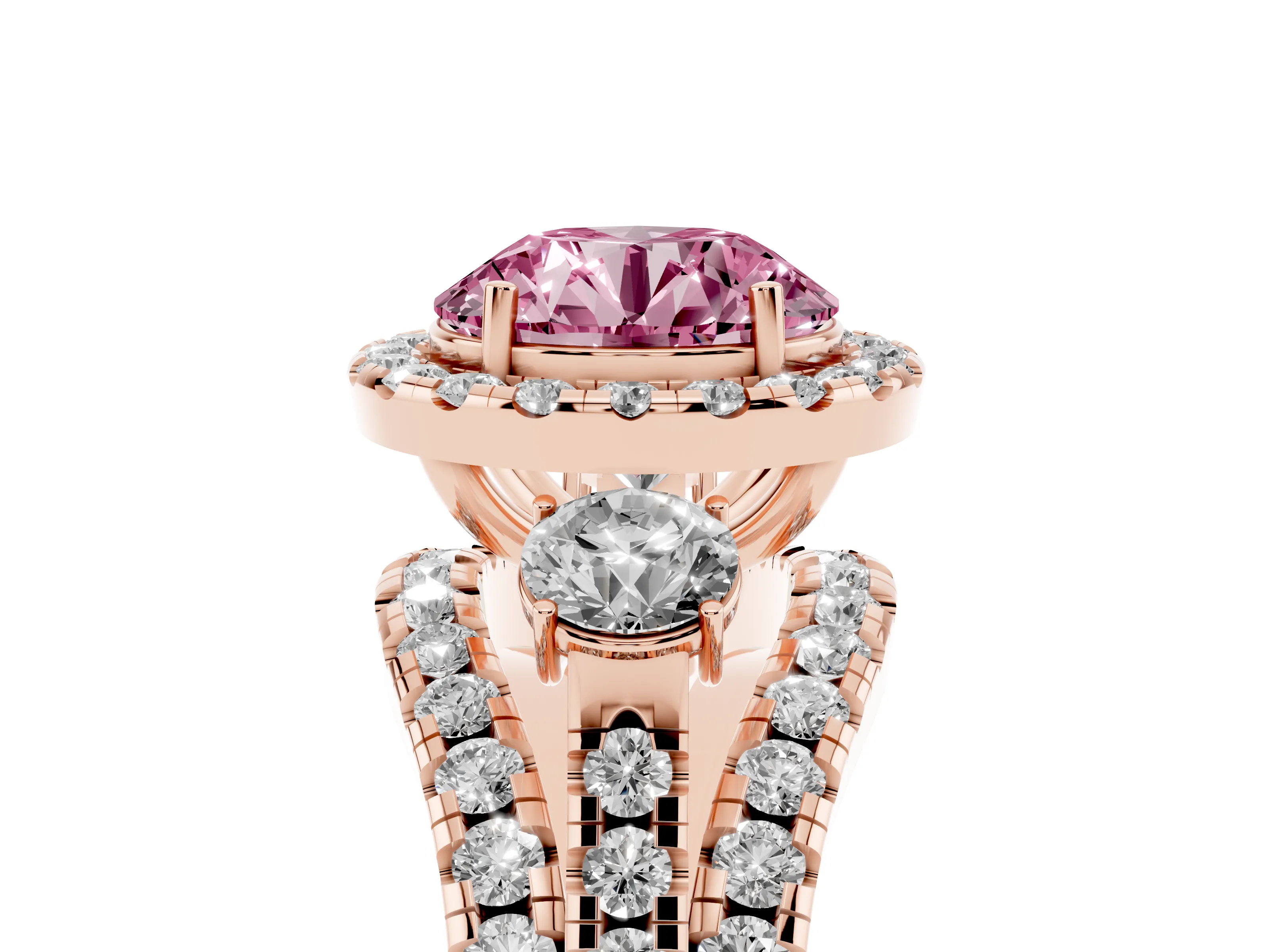 Fancy Pink Round Cut Diamond Halo Split Shank Ring Set in Rose gold with Round Accent Stones and Prong Setting