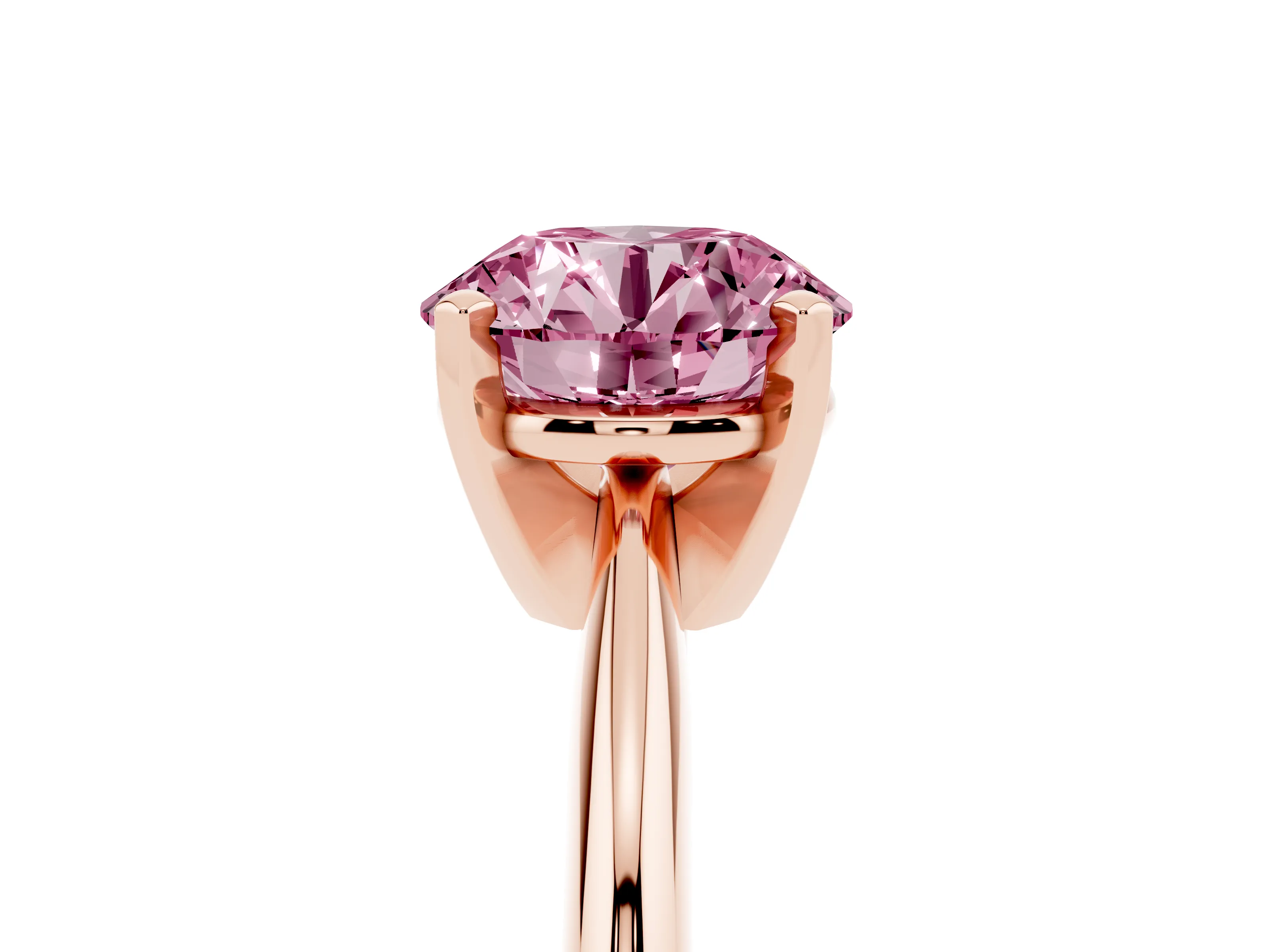 Fancy Pink Round Cut Diamond Solitaire Ring Set in Rose gold with Prong Setting on a Plain Round Band