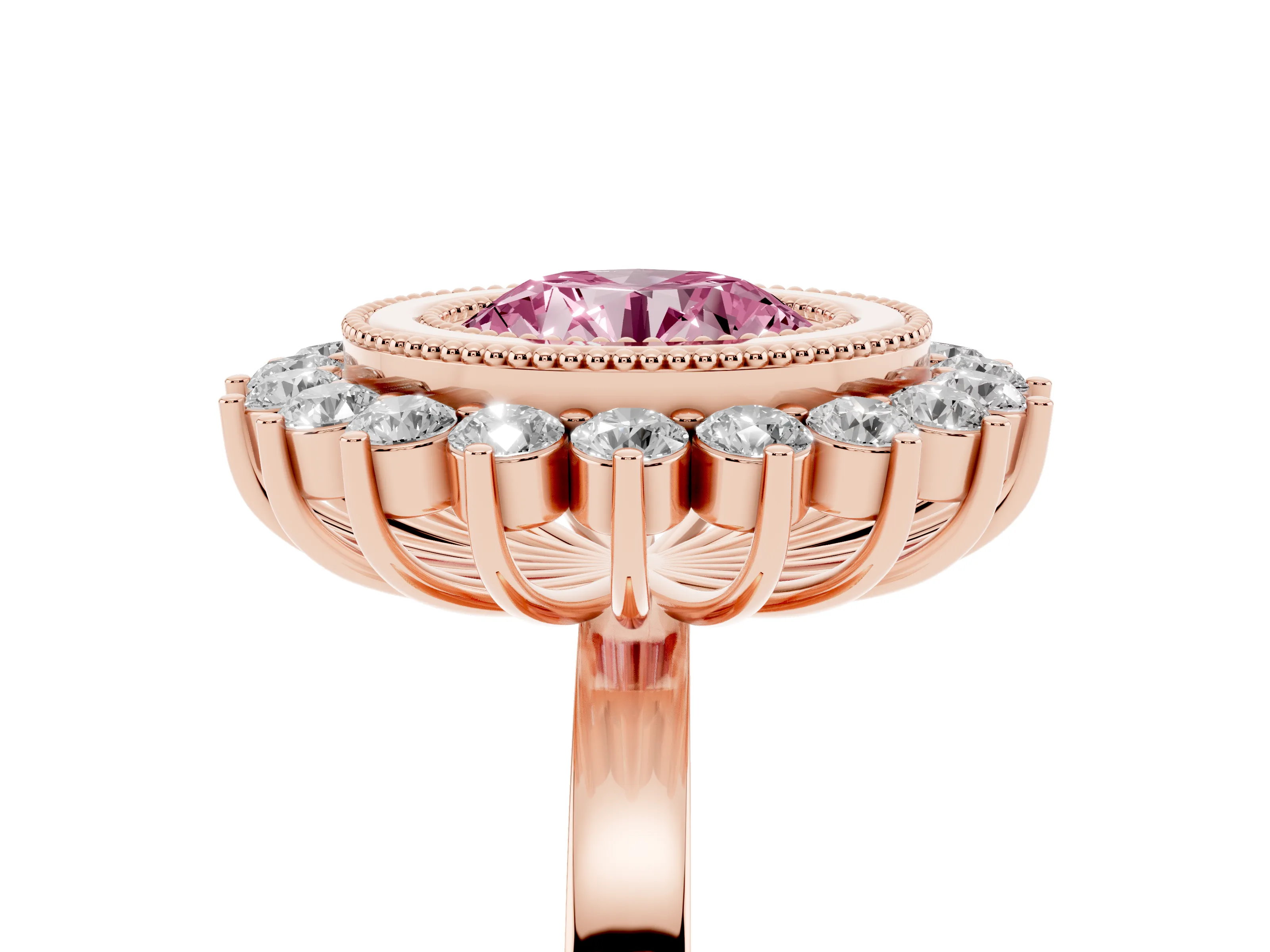 Fancy Pink Round Cut Diamond Halo Ring Set in Rose gold with Milgrain Edge and Round Prong Setting