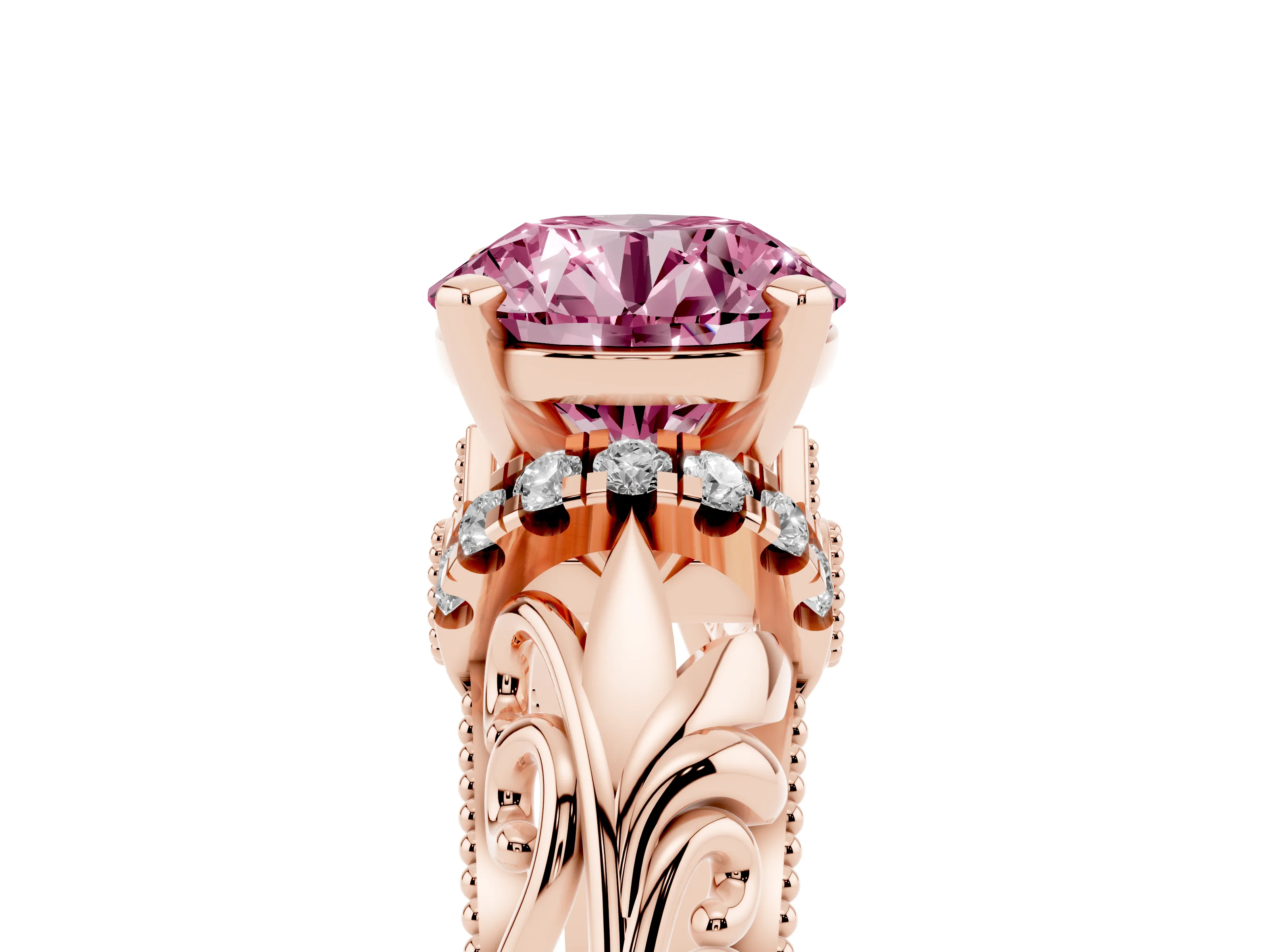 Fancy Pink Round Cut Diamond Filigree Halo Engagement Ring Set in Rose gold with Prong Setting