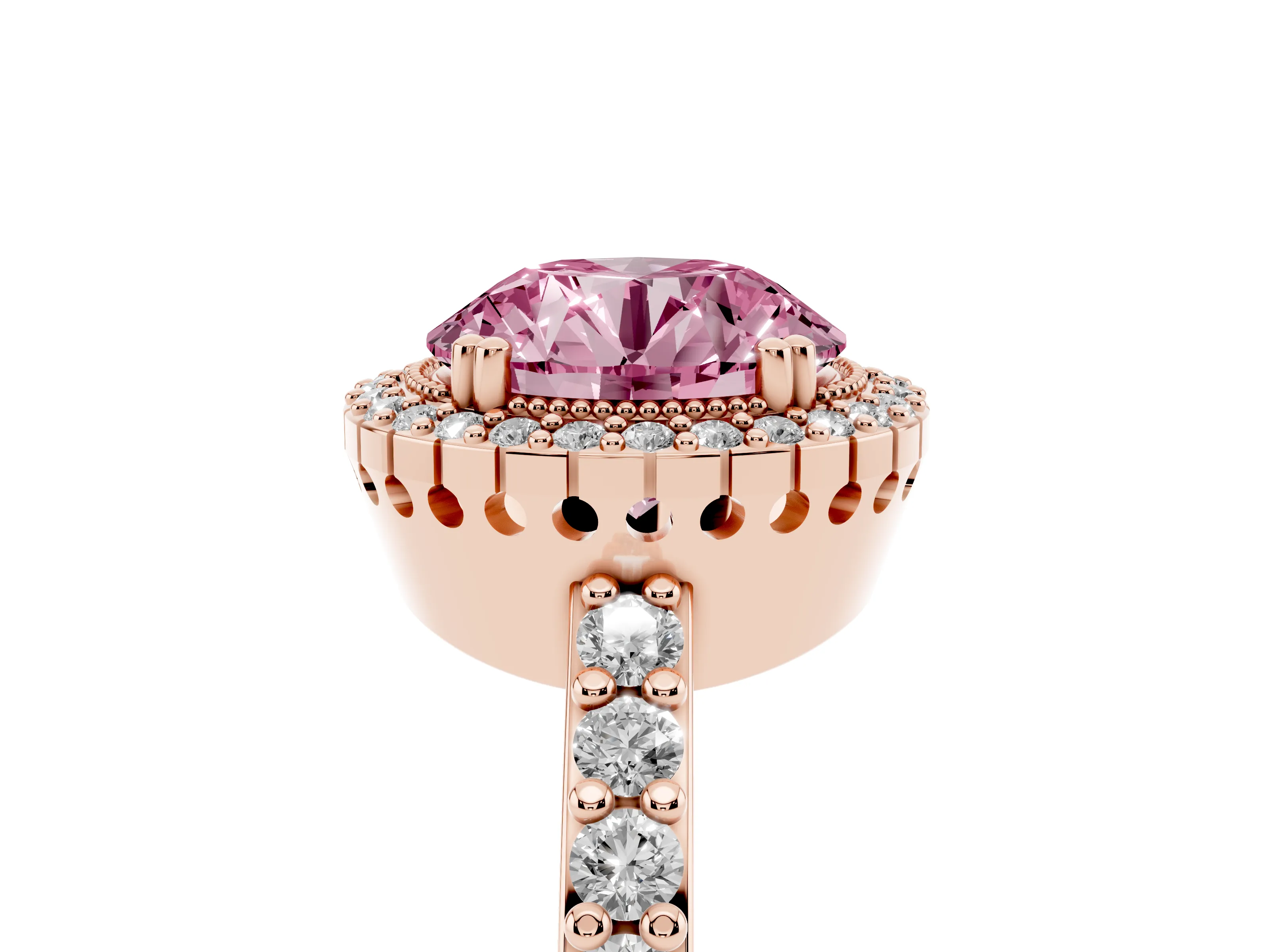 Fancy Pink Round Cut Diamond Halo Engagement Ring Set in Rose gold with Milgrain Detail and Pavé Band