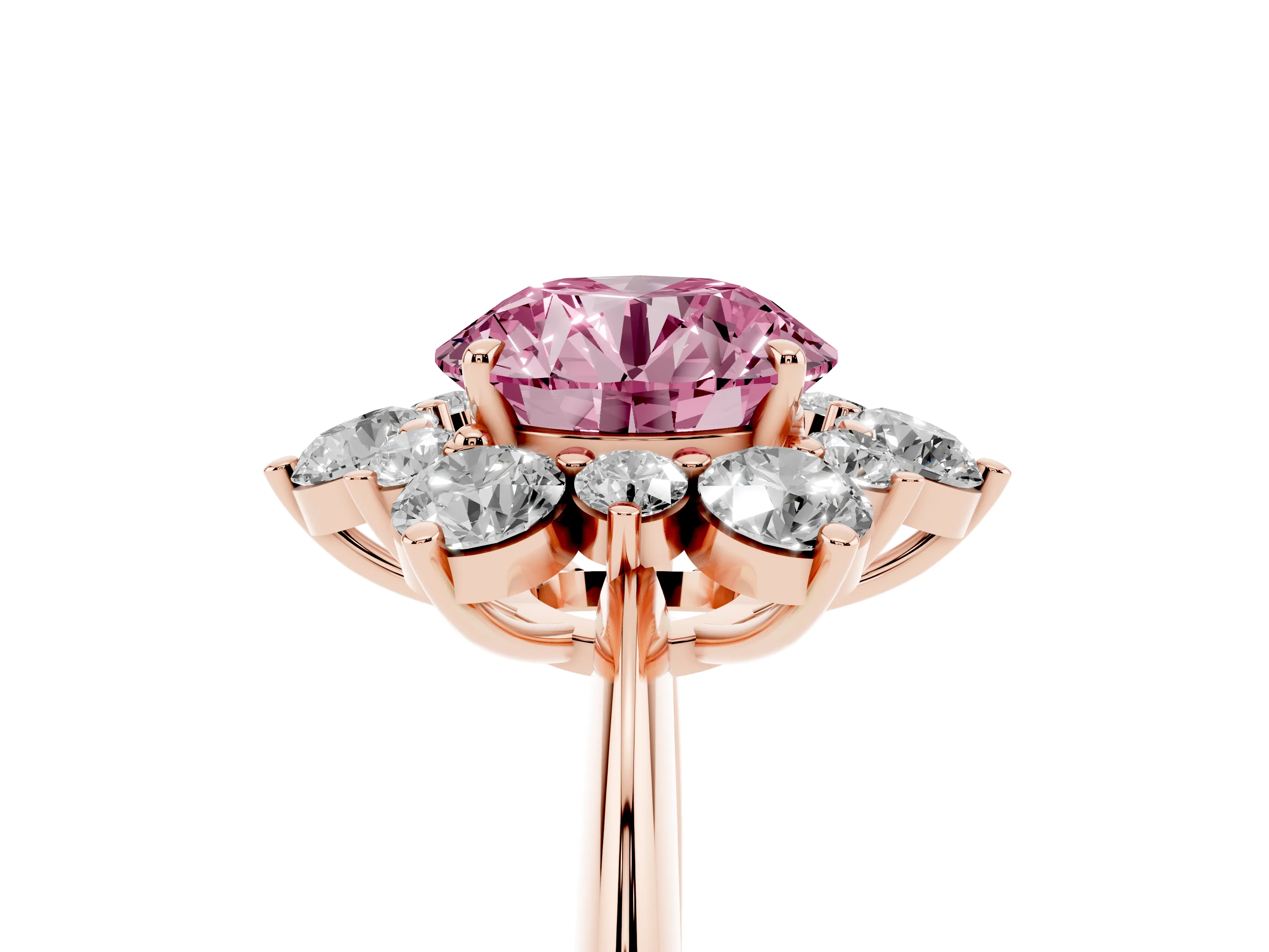 Fancy Pink Round Cut Diamond Cluster Halo Ring Set in Rose gold with Solitaire Band and Prong Setting