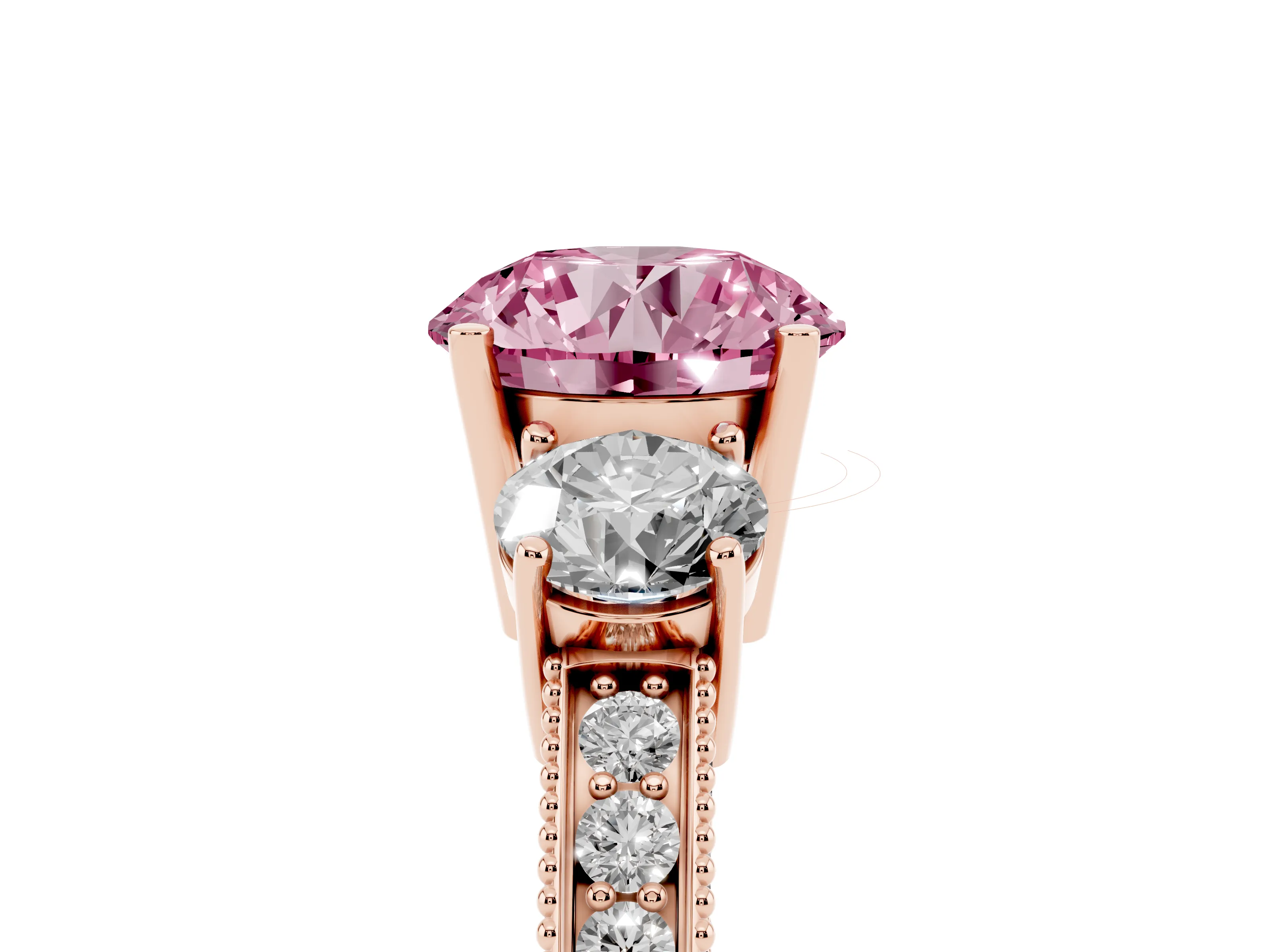 Fancy Pink Round Cut Diamond Three-Stone Ring Set in Rose gold with Round Side Stones and Pavé Band
