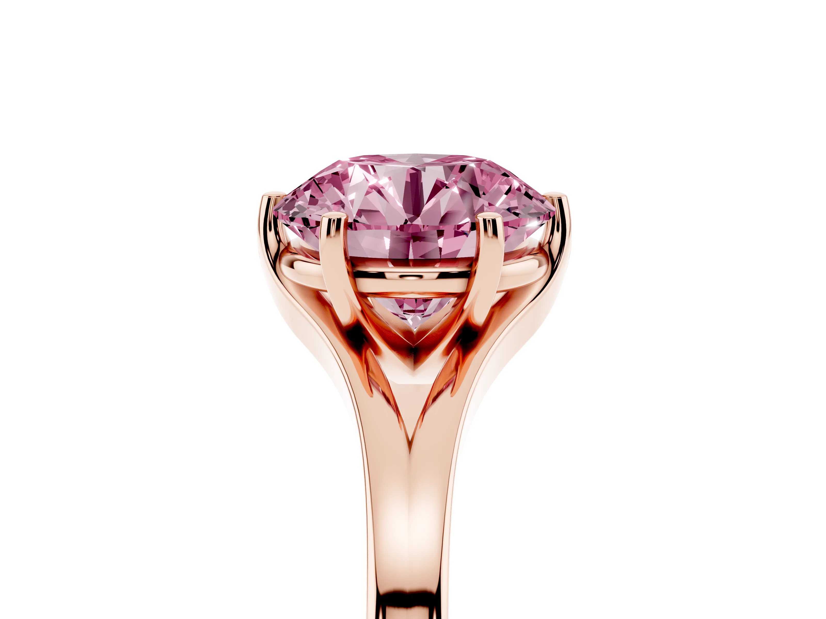 Fancy Pink Round Cut Diamond Solitaire Ring Set in Rose gold with Polished Tapered Band and Prong Setting