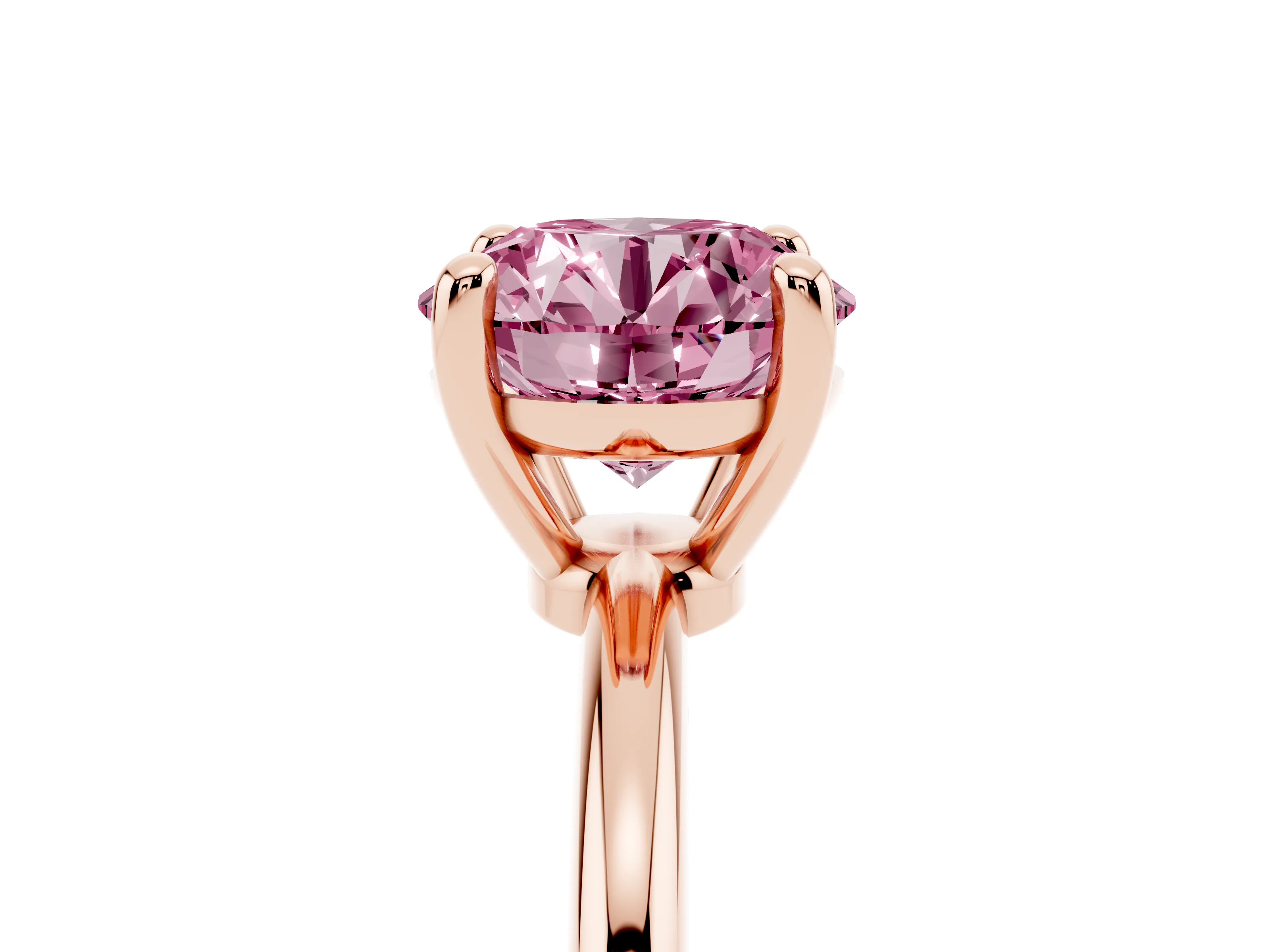 Fancy Pink Round Cut Diamond Solitaire Ring Set in Rose gold with Secure Prong Setting on a Classic Band