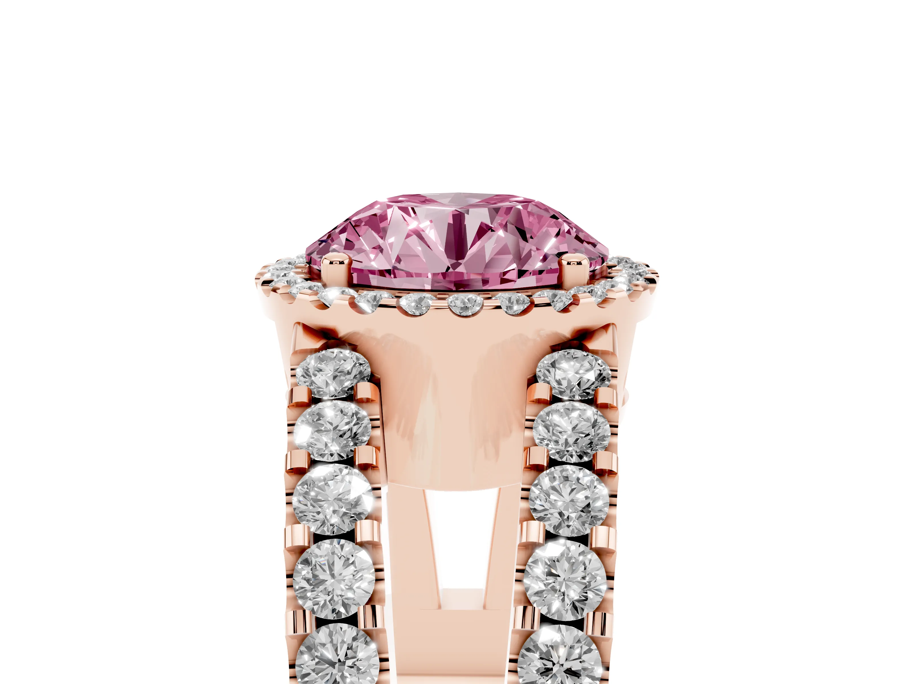 Fancy Pink Round Cut Diamond Halo Ring Set in Rose gold with Pavé Split Shank and Prong Setting