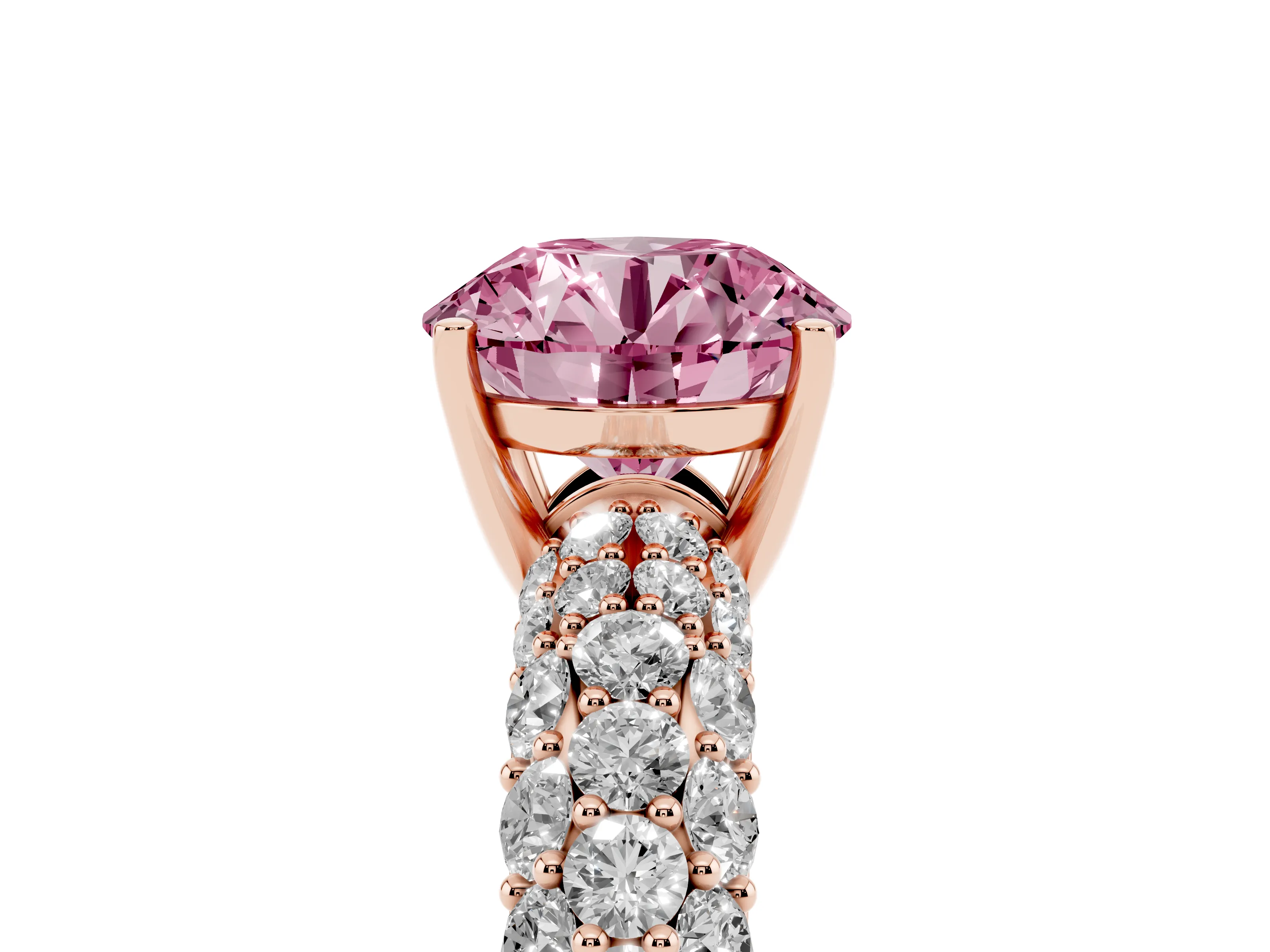 Fancy Pink Round Cut Diamond Pavé Band Solitaire Ring Set in Rose gold with Close-Set Accent Stones and Prong Setting
