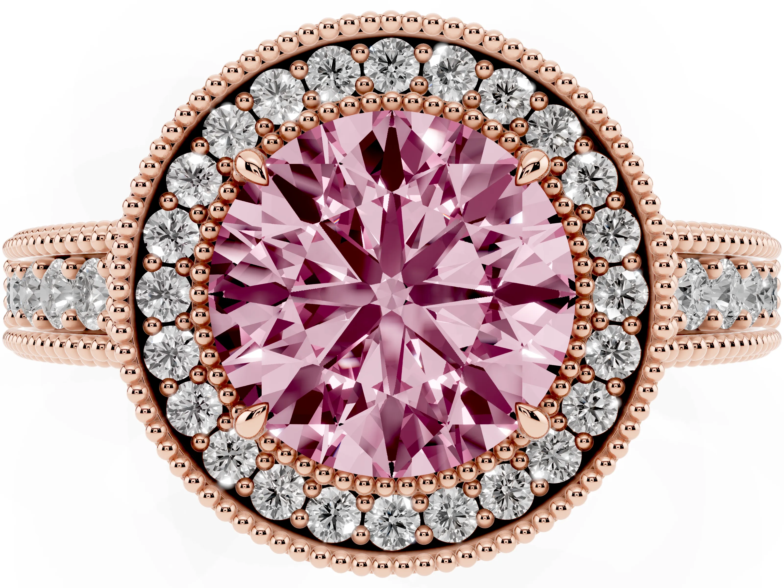Fancy Pink Round Cut Diamond Halo Ring Set in Rose gold with Round Accent Halo, Pavé Band and Prong Setting