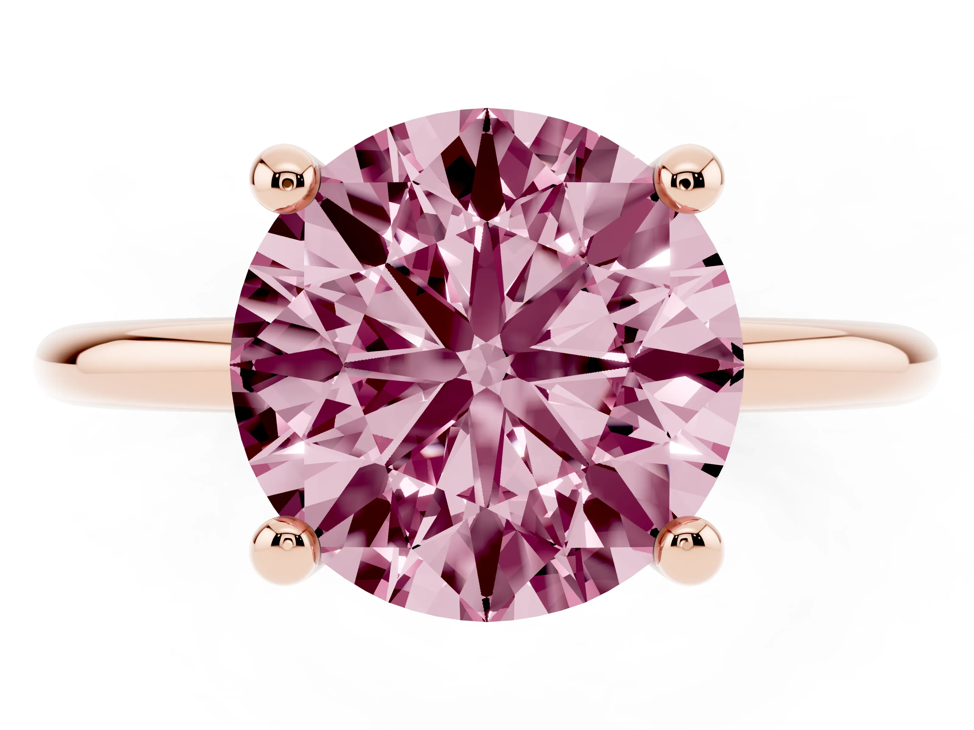 Fancy Pink Round Cut Diamond Solitaire Ring Set in Rose gold with Secure Prong Setting on a Classic Band
