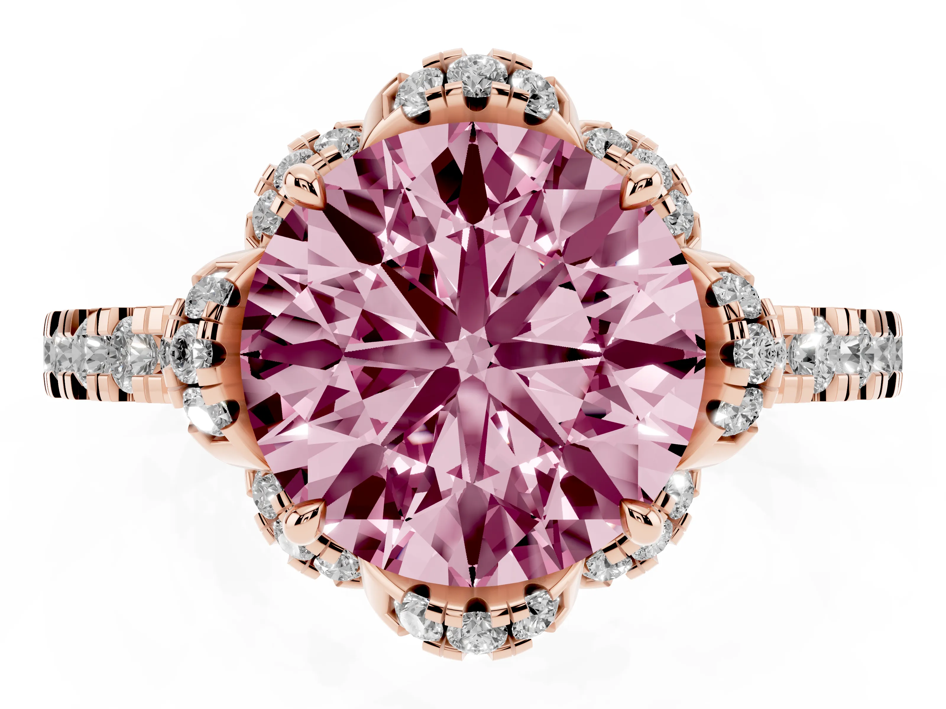 Fancy Pink Round Cut Diamond Halo Pavé Band Ring Set in Rose gold with Prong-Held Center