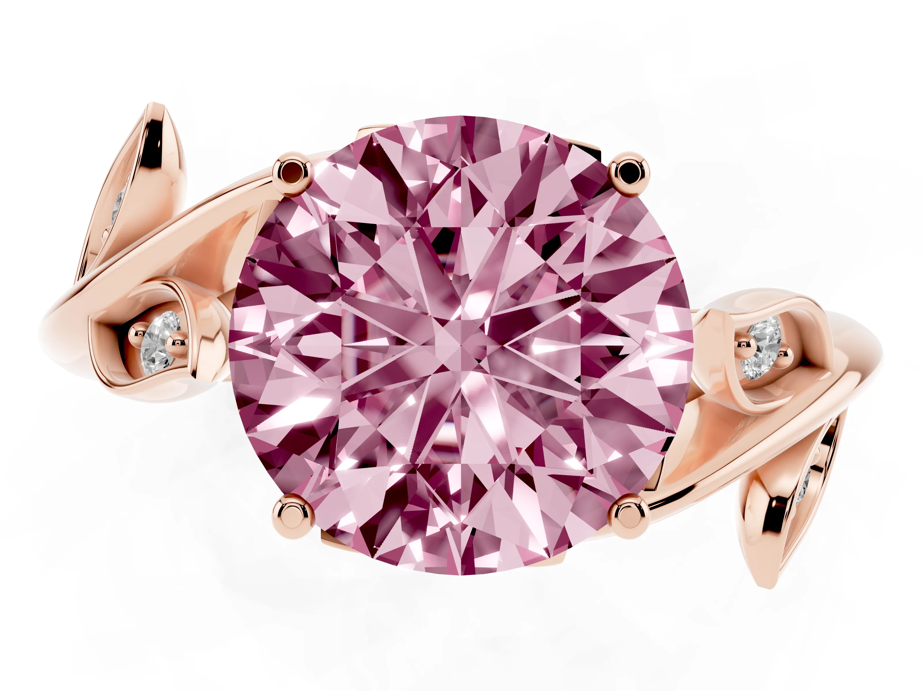 Fancy Pink Round Cut Diamond Solitaire Twist Engagement Ring Set in Rose gold with Pavé Leaf Accents