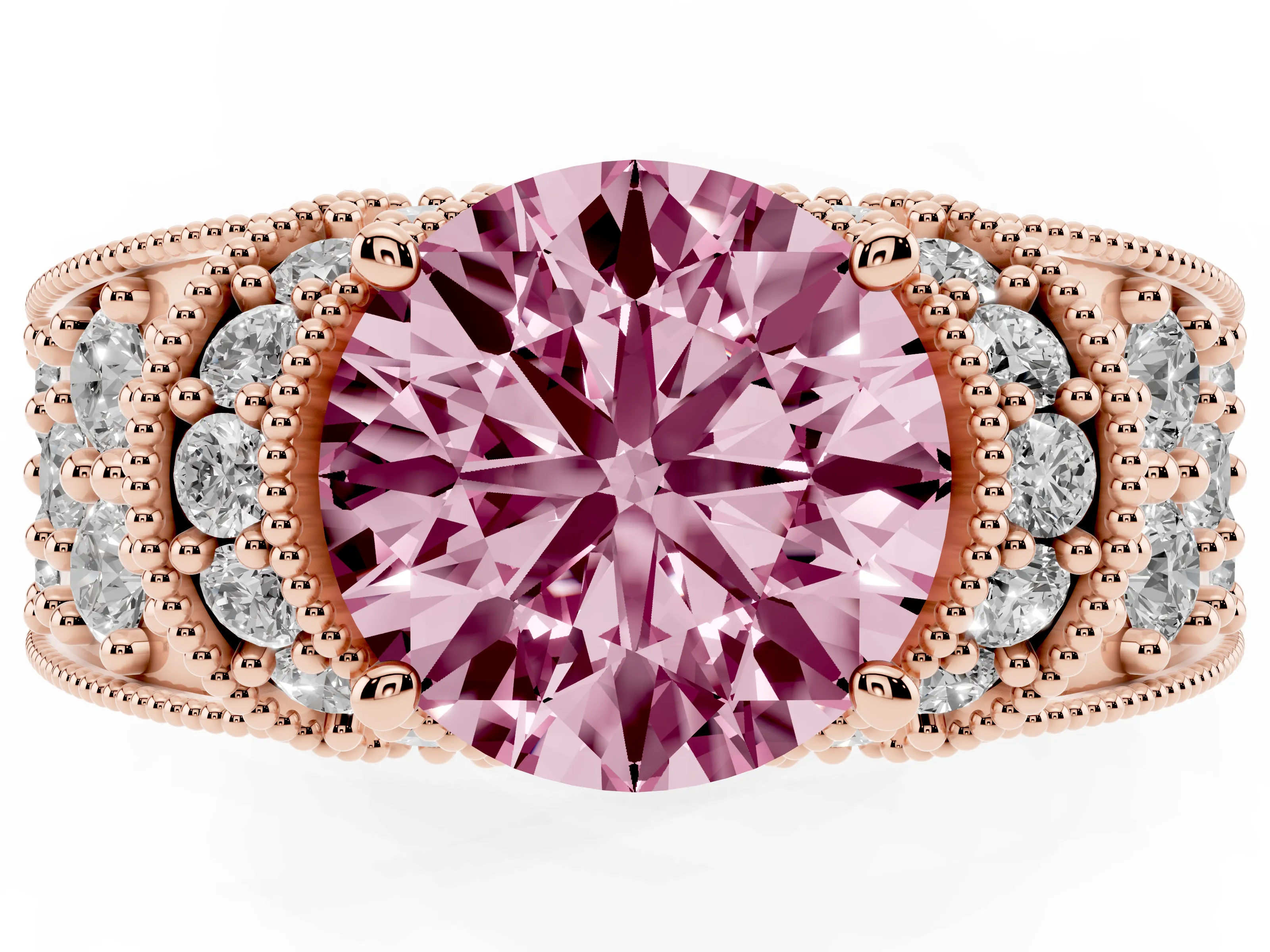 Fancy Pink Round Cut Diamond Milgrain Halo Pavé Engagement Ring Set in Rose gold with Prong Setting