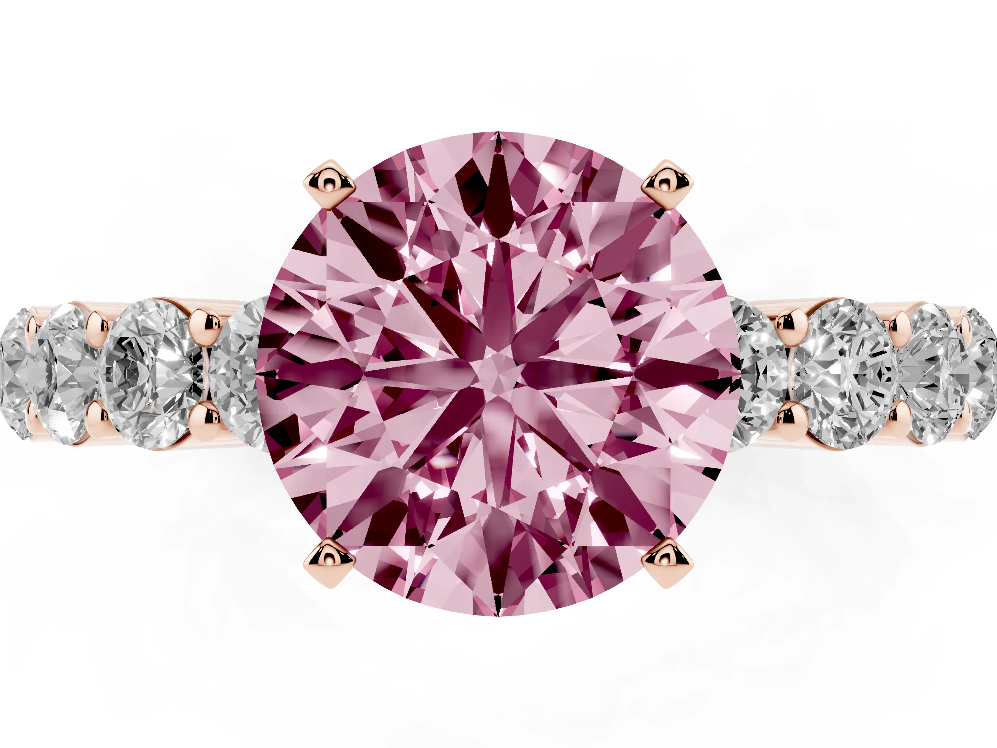 Fancy Pink Round Cut Diamond Solitaire Ring Set in Rose gold with Shared Prong Round Side Stones