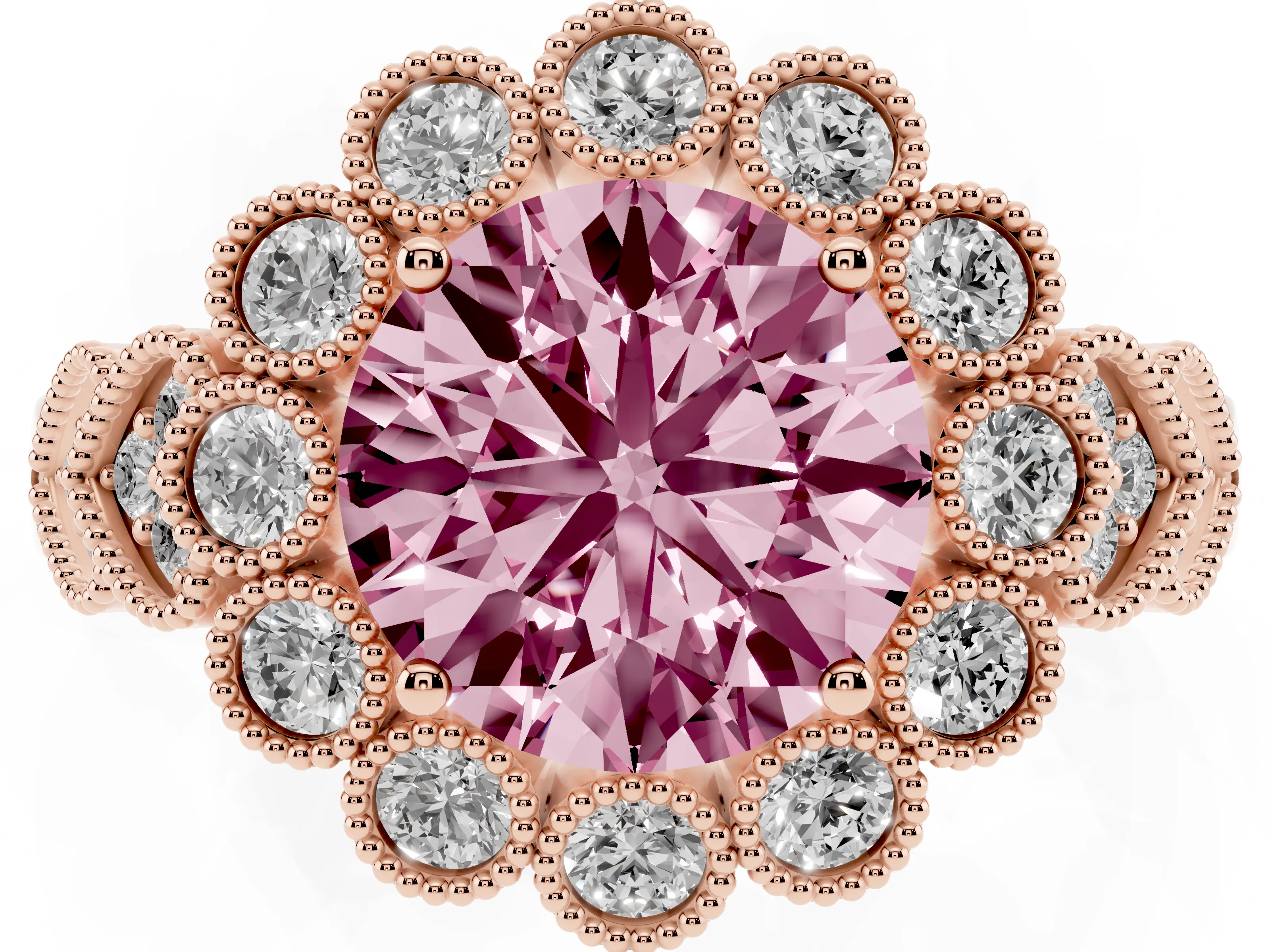 Fancy Pink Round Cut Diamond Solitaire Ring Set in Rose gold with Milgrain Pavé Heart Band
