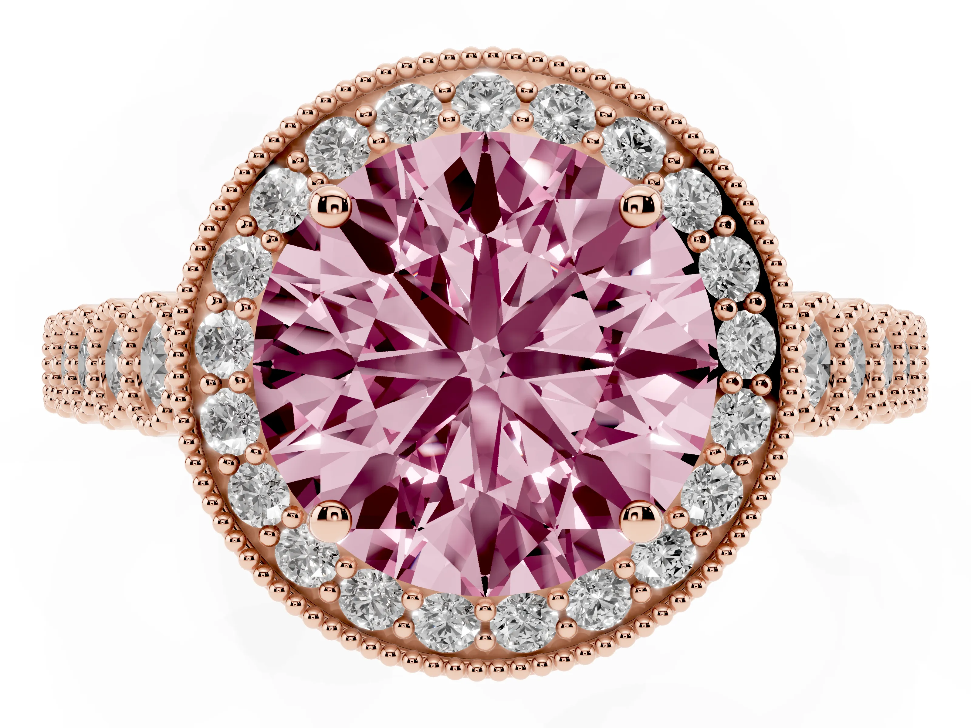 Fancy Pink Round Cut Diamond Milgrain Halo Solitaire Ring Set in Rose gold with Bezel Set Side Stones and Pavé Band