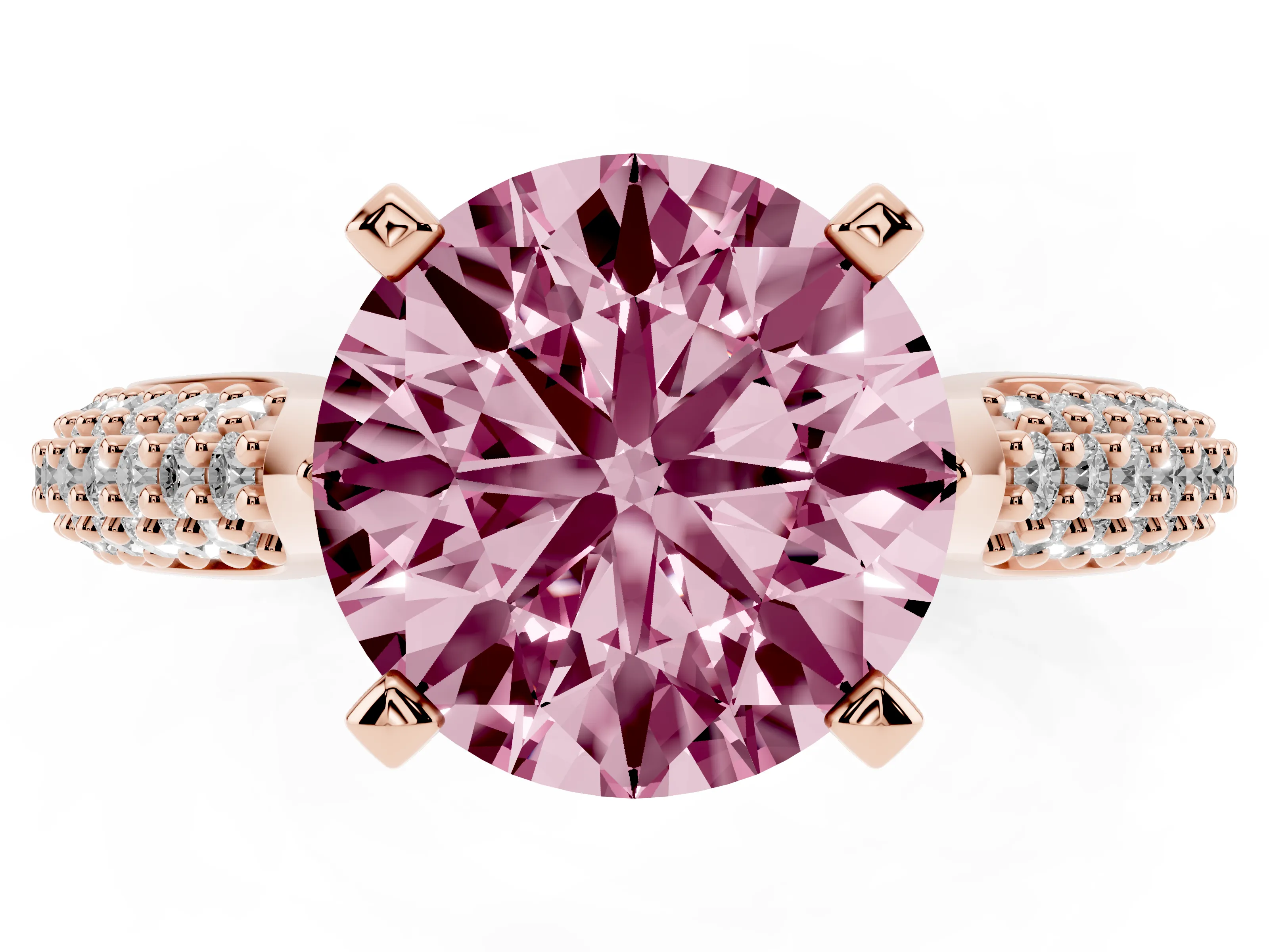 Fancy Pink Round Cut Diamond Solitaire Engagement Ring Set in Rose gold with Multi-Row Round Pavé Band and Prong Setting
