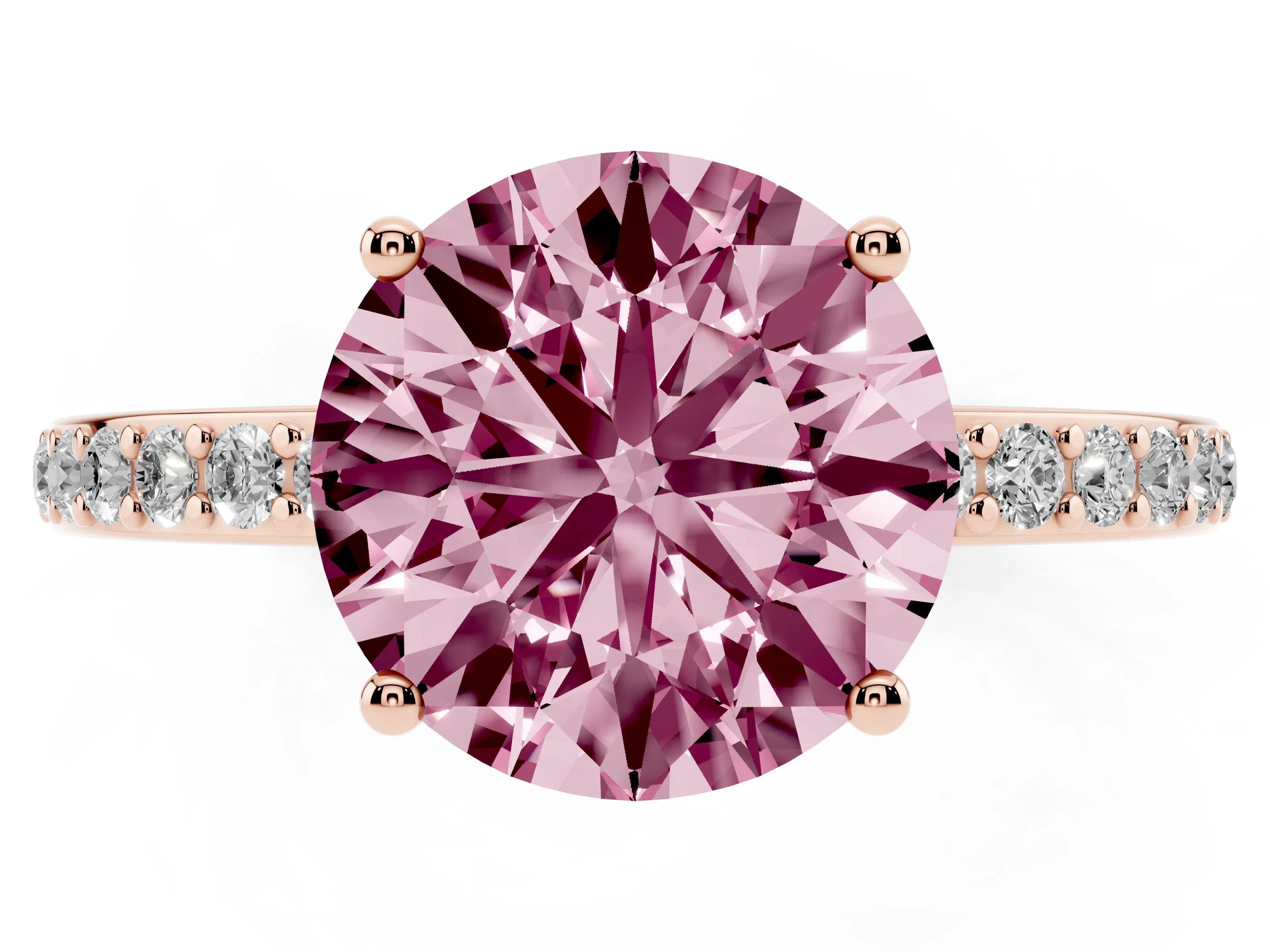 Fancy Pink Round Cut Diamond Pavé Band Ring Set in Rose gold with Prong-Set Center Stone