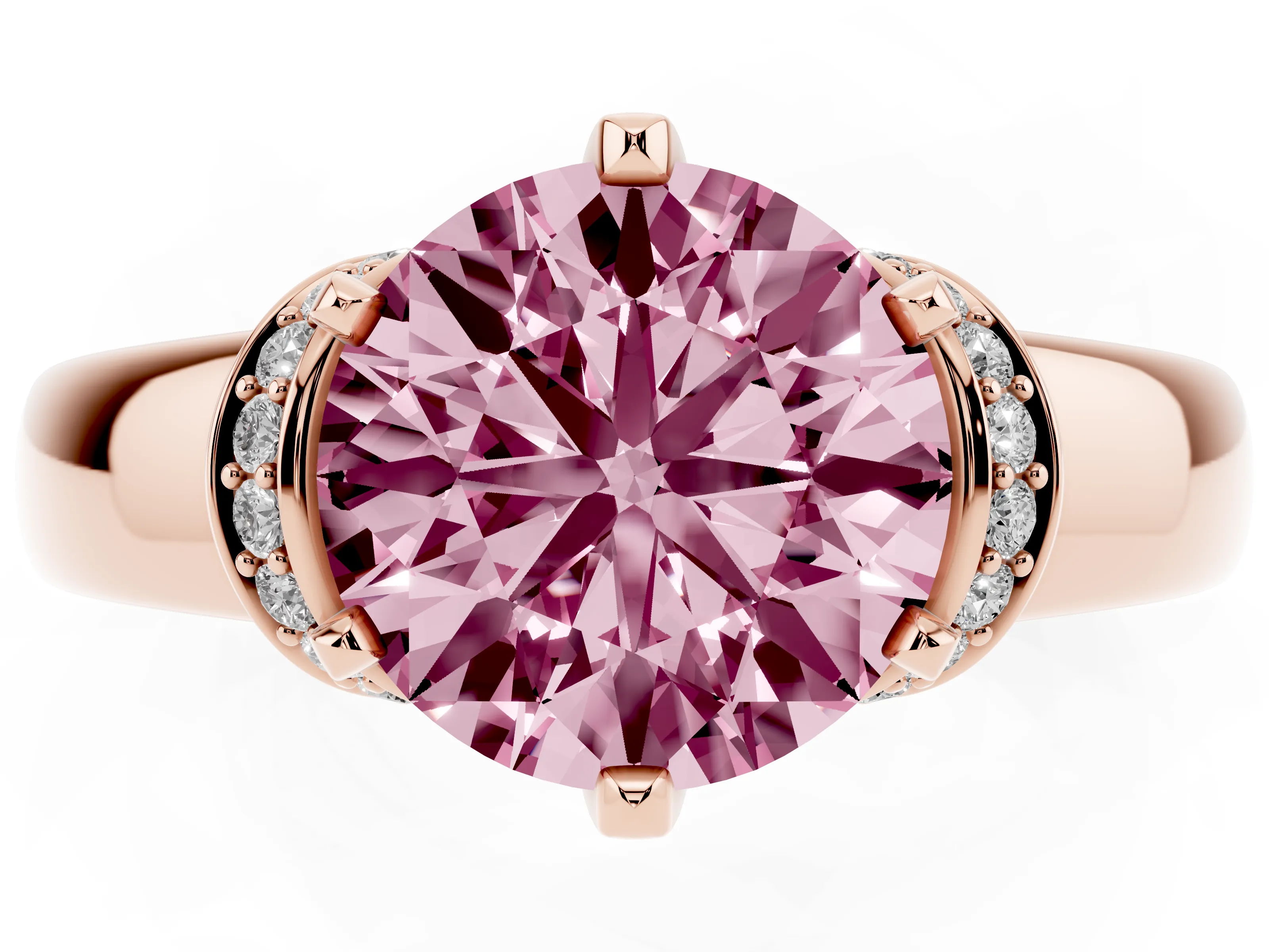 Fancy Pink Round Cut Diamond Pavé Band Solitaire Ring Set in Rose gold with Prong Setting
